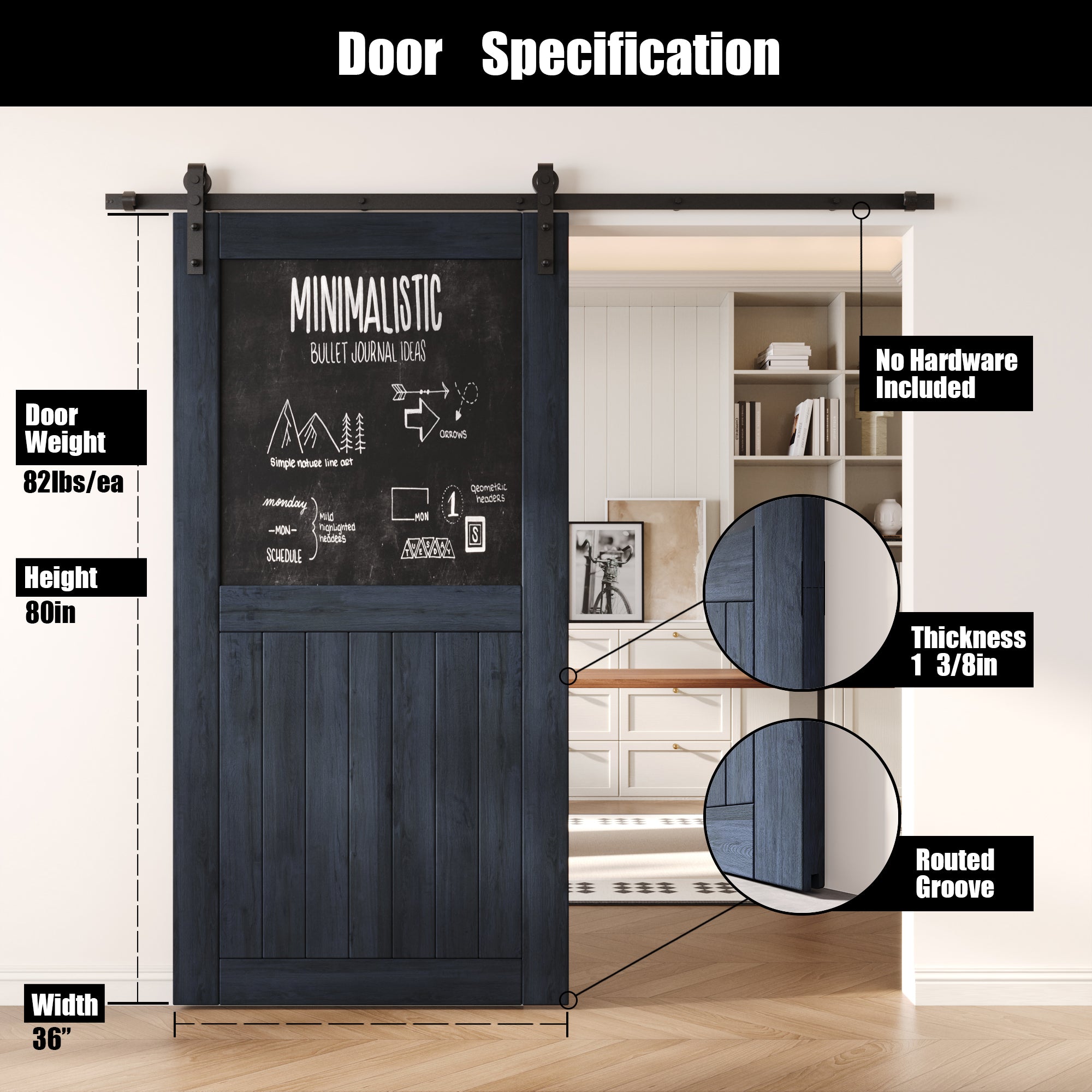 80" Height Navy Top Chalkboard Panel Unassembled & Finished Pine Wood Barn Door (Interior Use Only)