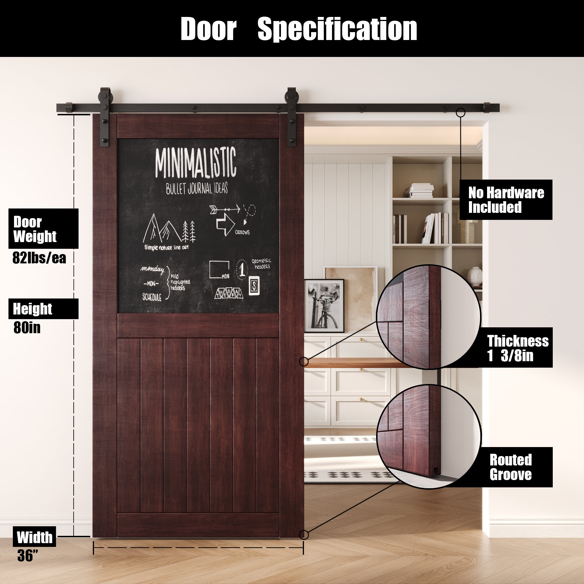 80" Height Red Mahogany Top Chalkboard Panel Unassembled & Finished Pine Wood Barn Door (Interior Use Only)