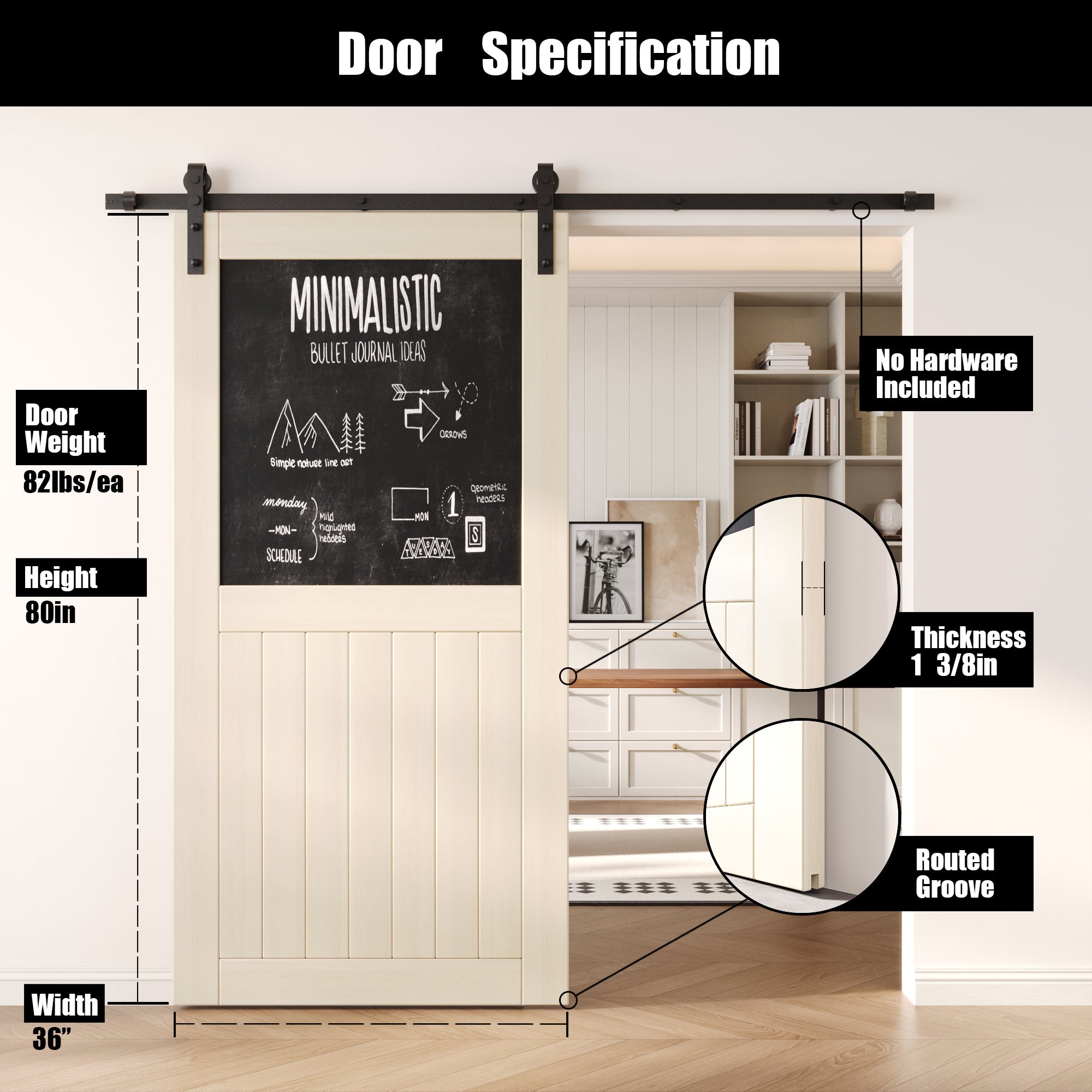 80" Height Tinsmith Gray Top Chalkboard Panel Unassembled & Finished Pine Wood Barn Door (Interior Use Only)