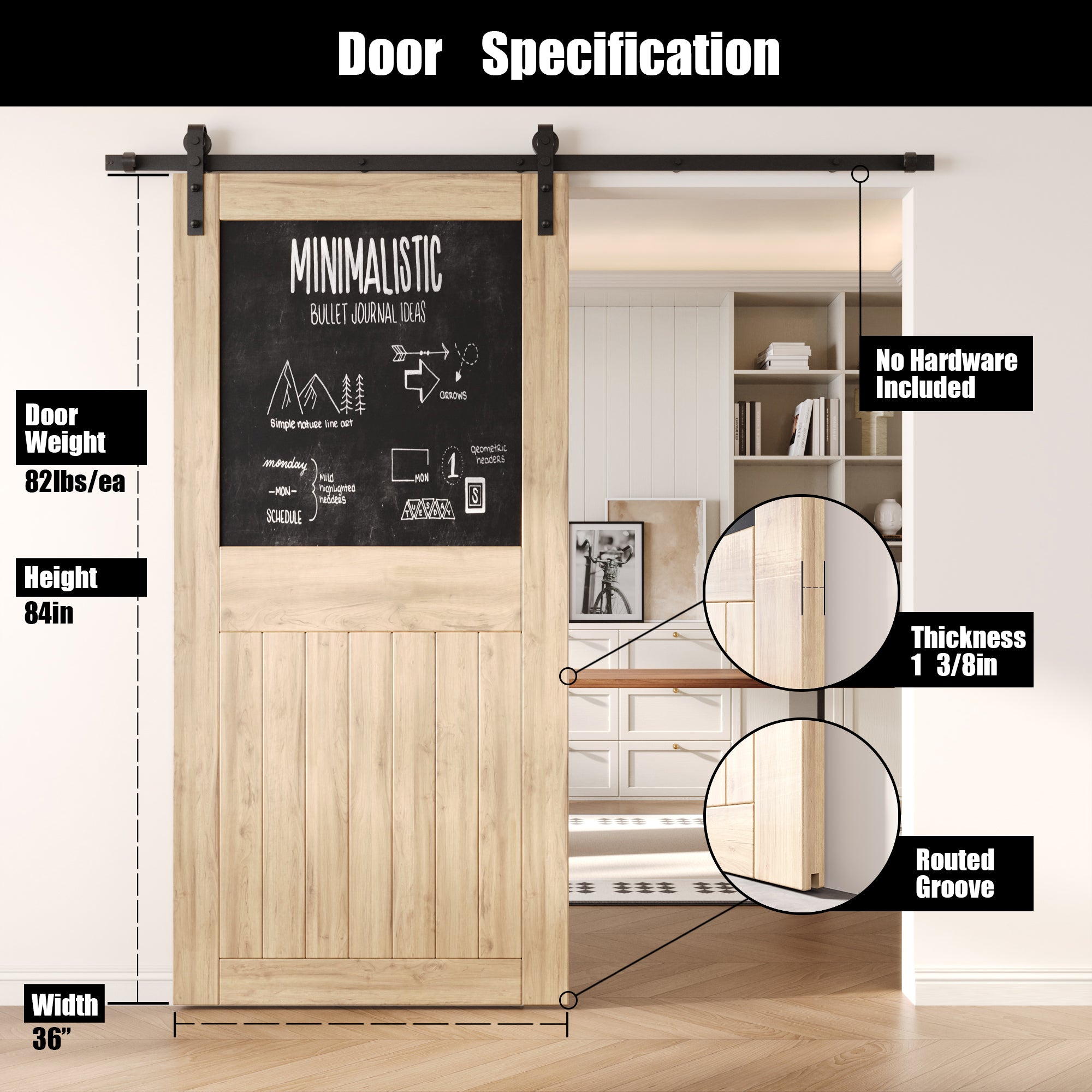 84" Height Top Chalkboard Panel Unassembled & Unfinished Pine Wood Barn Door (Interior Use Only)
