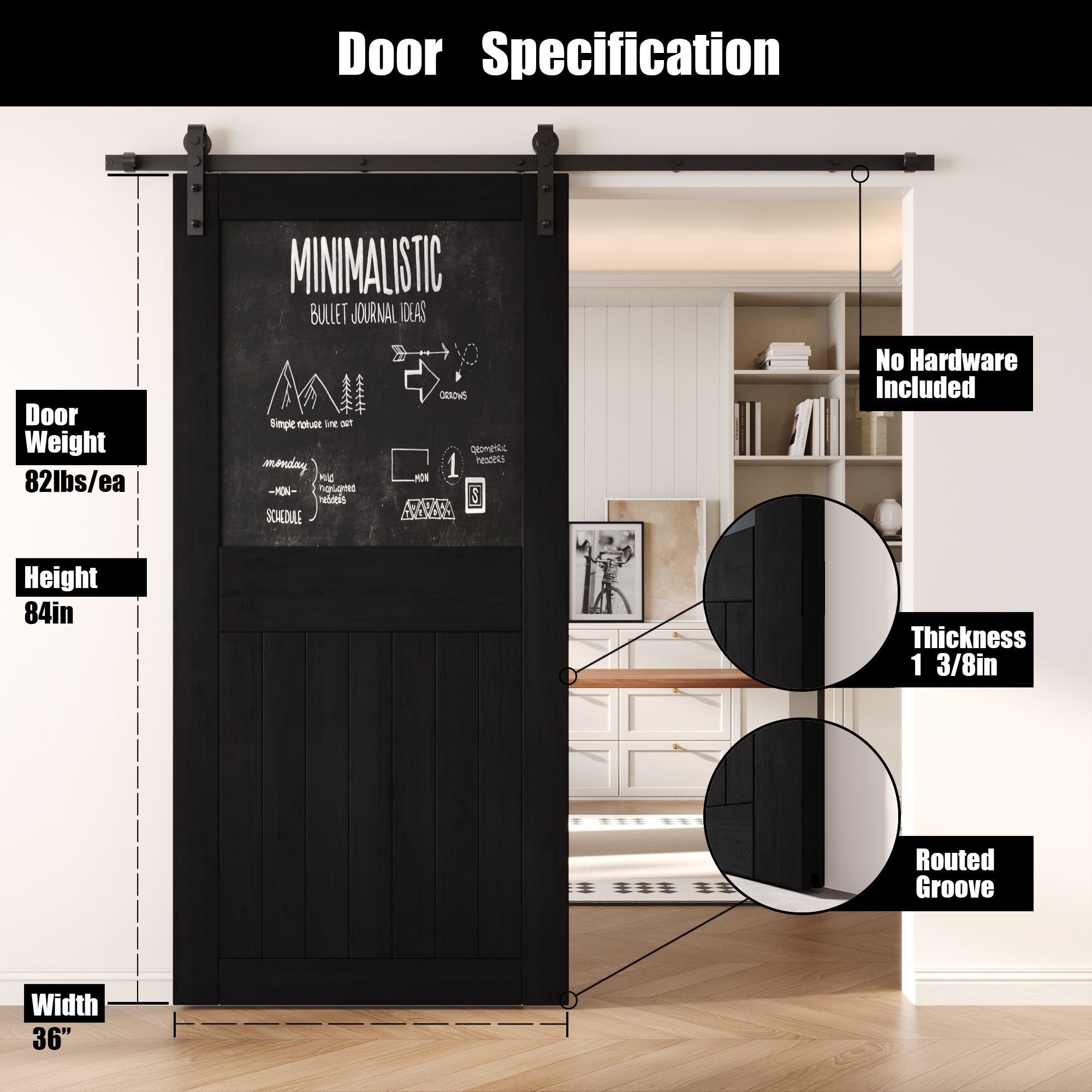 84" Height Black Top Chalkboard Panel Unassembled & Finished Pine Wood Barn Door (Interior Use Only)