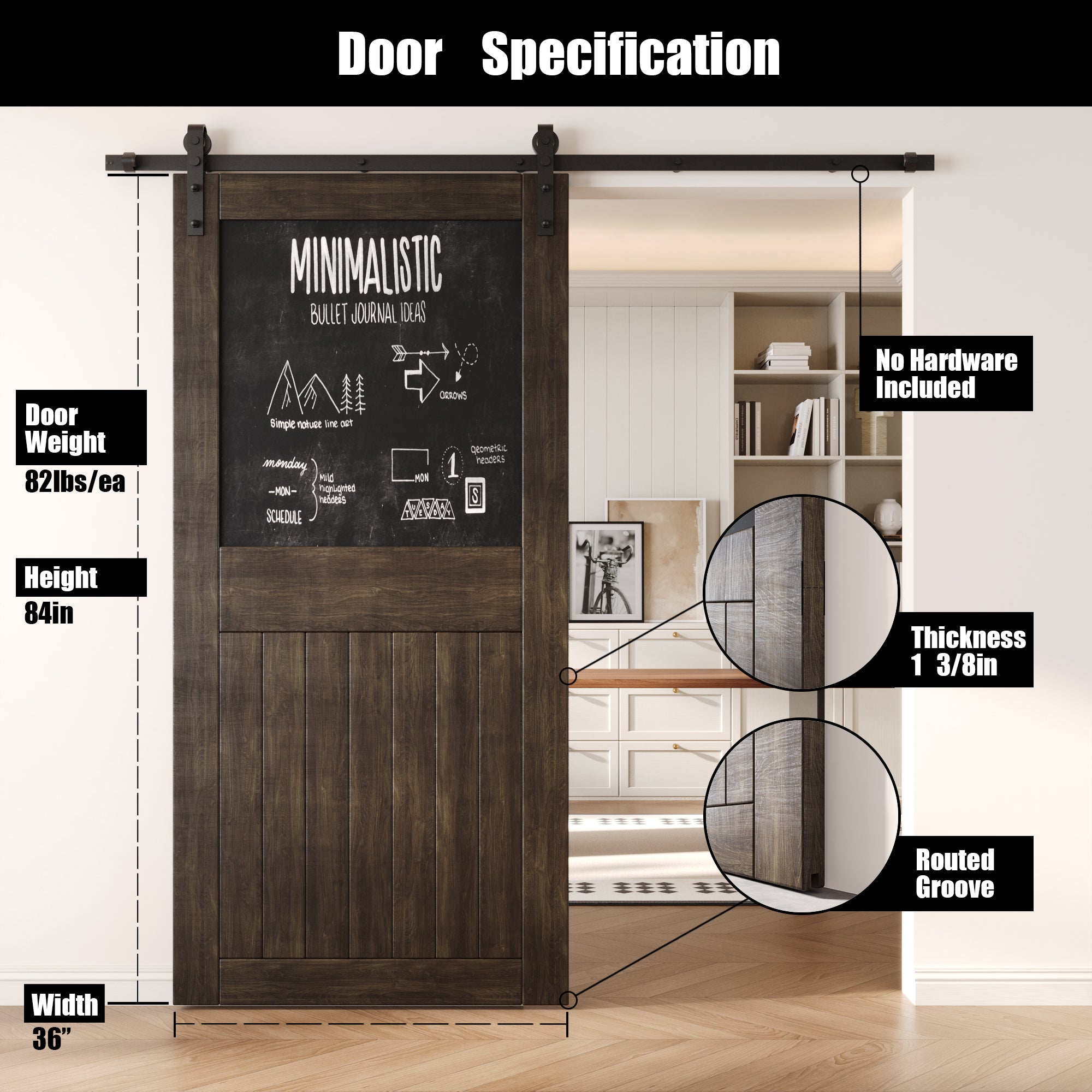 84" Height Ebony Top Chalkboard Panel Unassembled & Finished Pine Wood Barn Door (Interior Use Only)