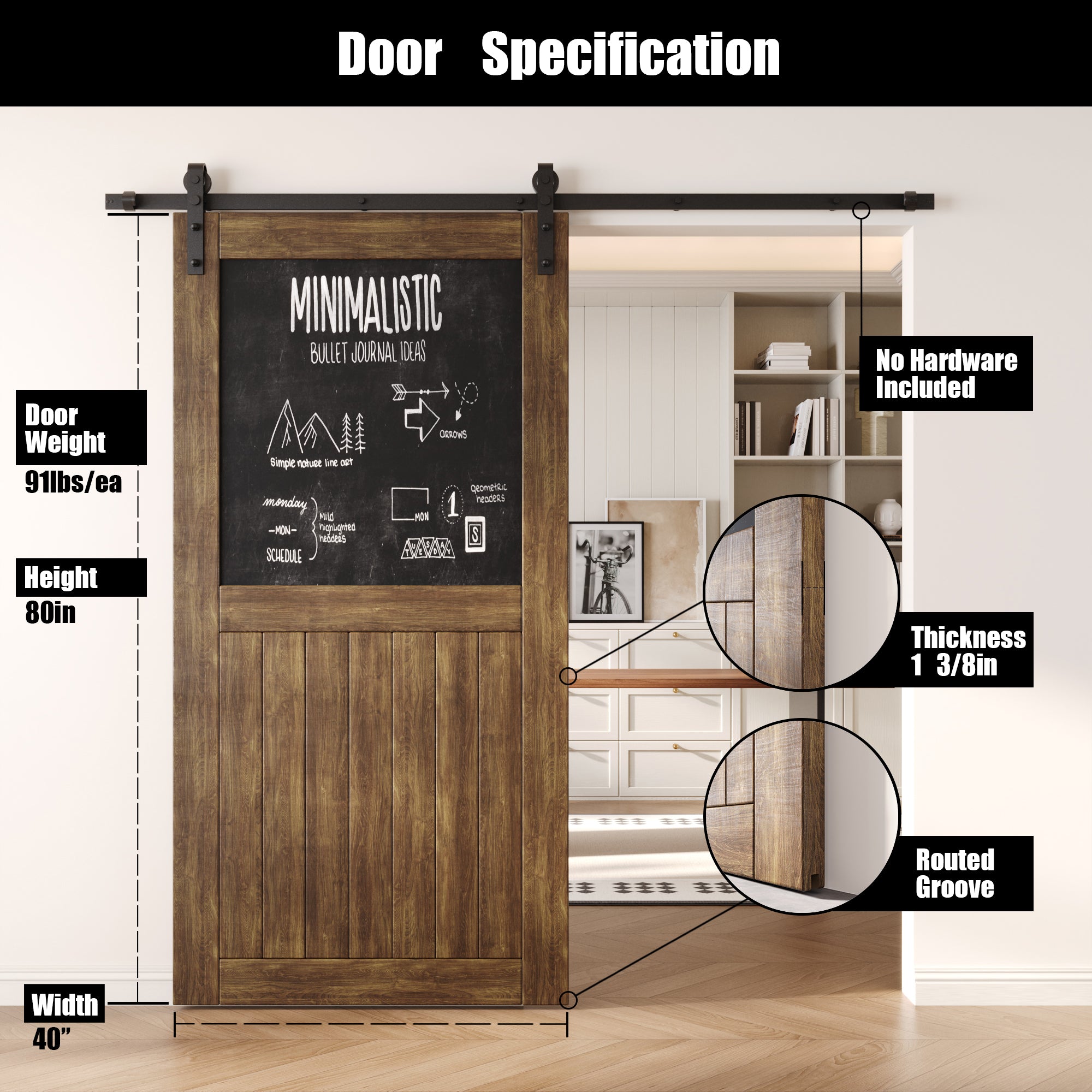 80" Height Dark Walnut Top Chalkboard Panel Unassembled & Finished Pine Wood Barn Door (Interior Use Only)