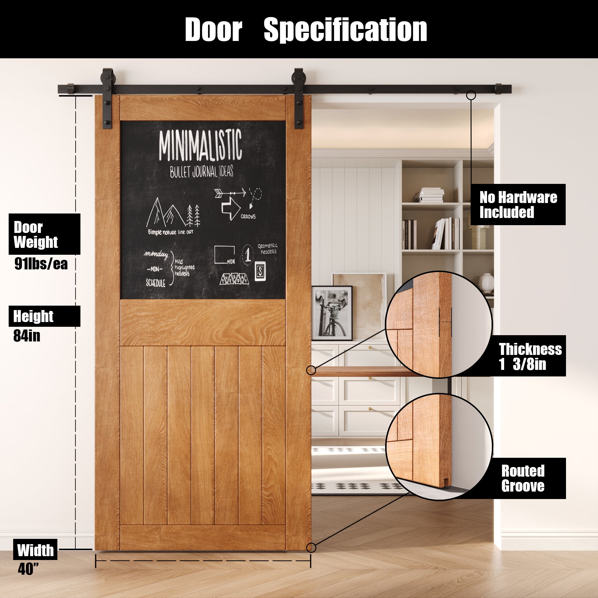 84" Height Early American Top Chalkboard Panel Unassembled & Finished Pine Wood Barn Door (Interior Use Only)