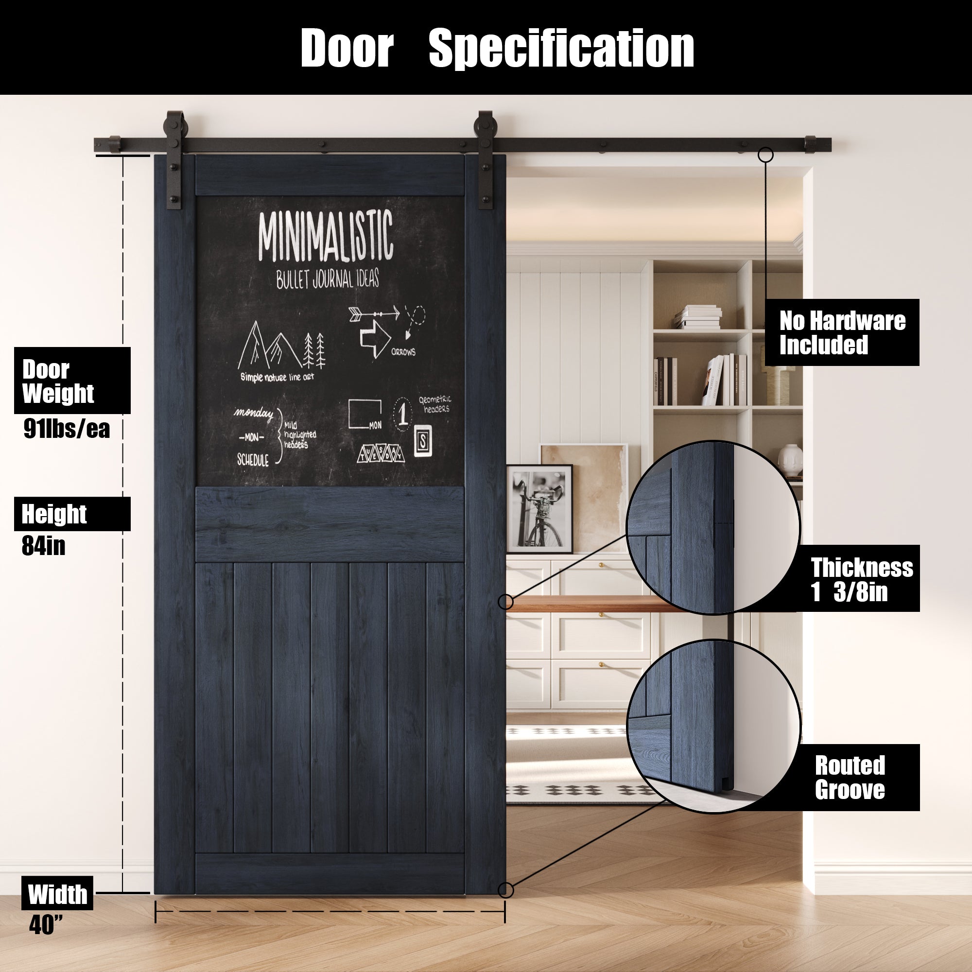 84" Height Navy Top Chalkboard Panel Unassembled & Finished Pine Wood Barn Door (Interior Use Only)