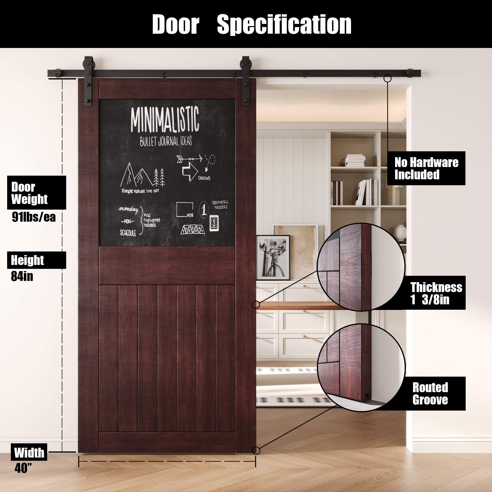 84" Height Red Mahogany Top Chalkboard Panel Unassembled & Finished Pine Wood Barn Door (Interior Use Only)