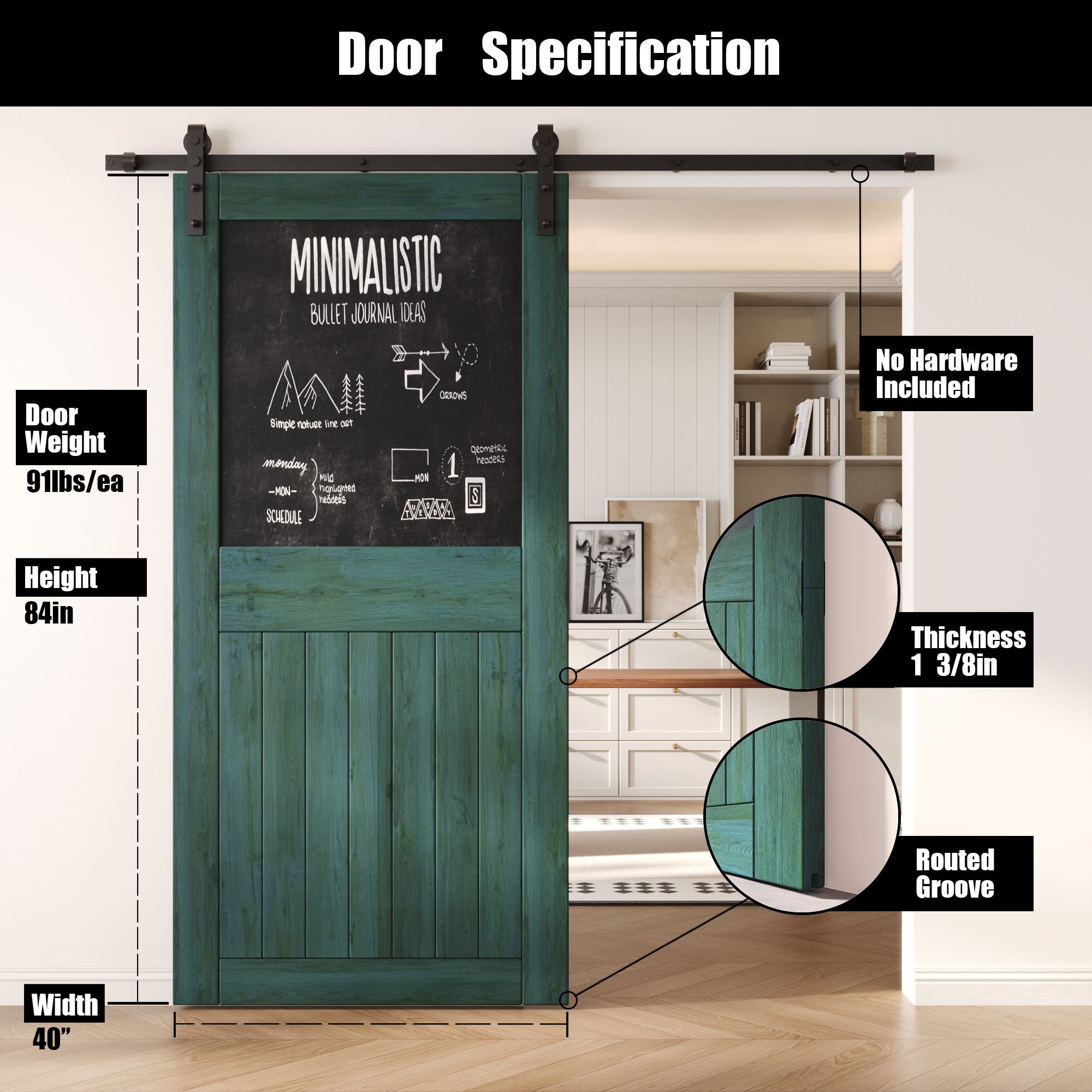 84" Height Royal Pine Top Chalkboard Panel Unassembled & Finished Pine Wood Barn Door (Interior Use Only)