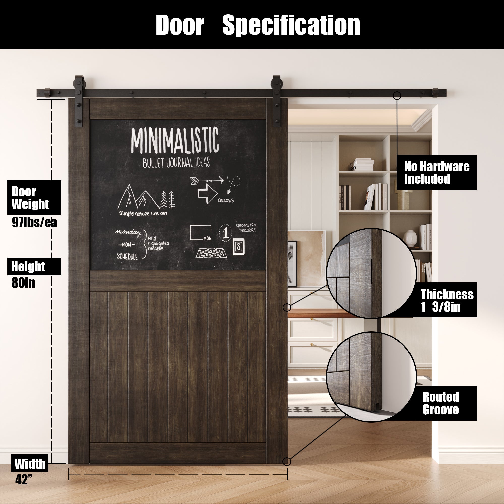 80" Height Ebony Top Chalkboard Panel Unassembled & Finished Pine Wood Barn Door (Interior Use Only)
