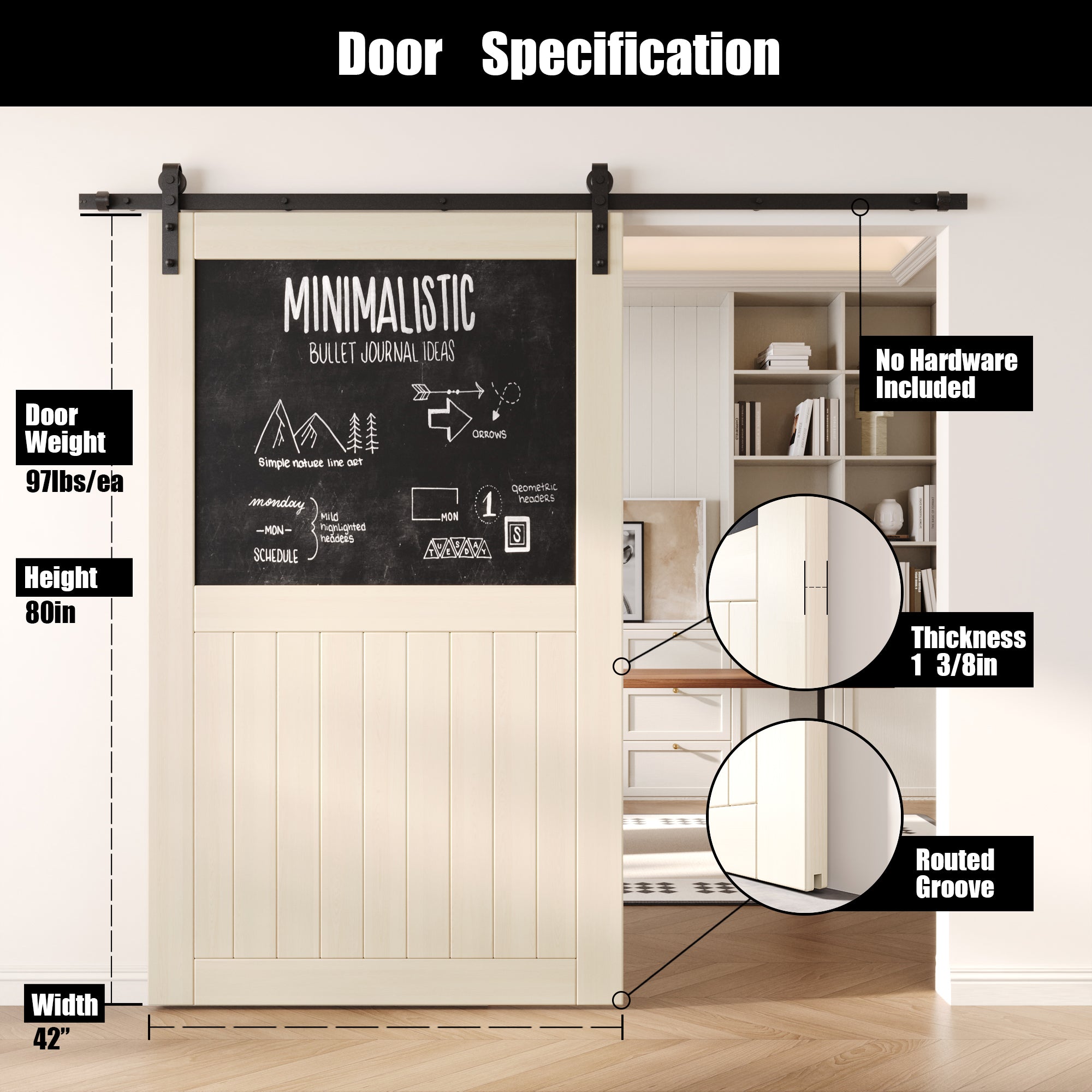 80" Height Tinsmith Gray Top Chalkboard Panel Unassembled & Finished Pine Wood Barn Door (Interior Use Only)
