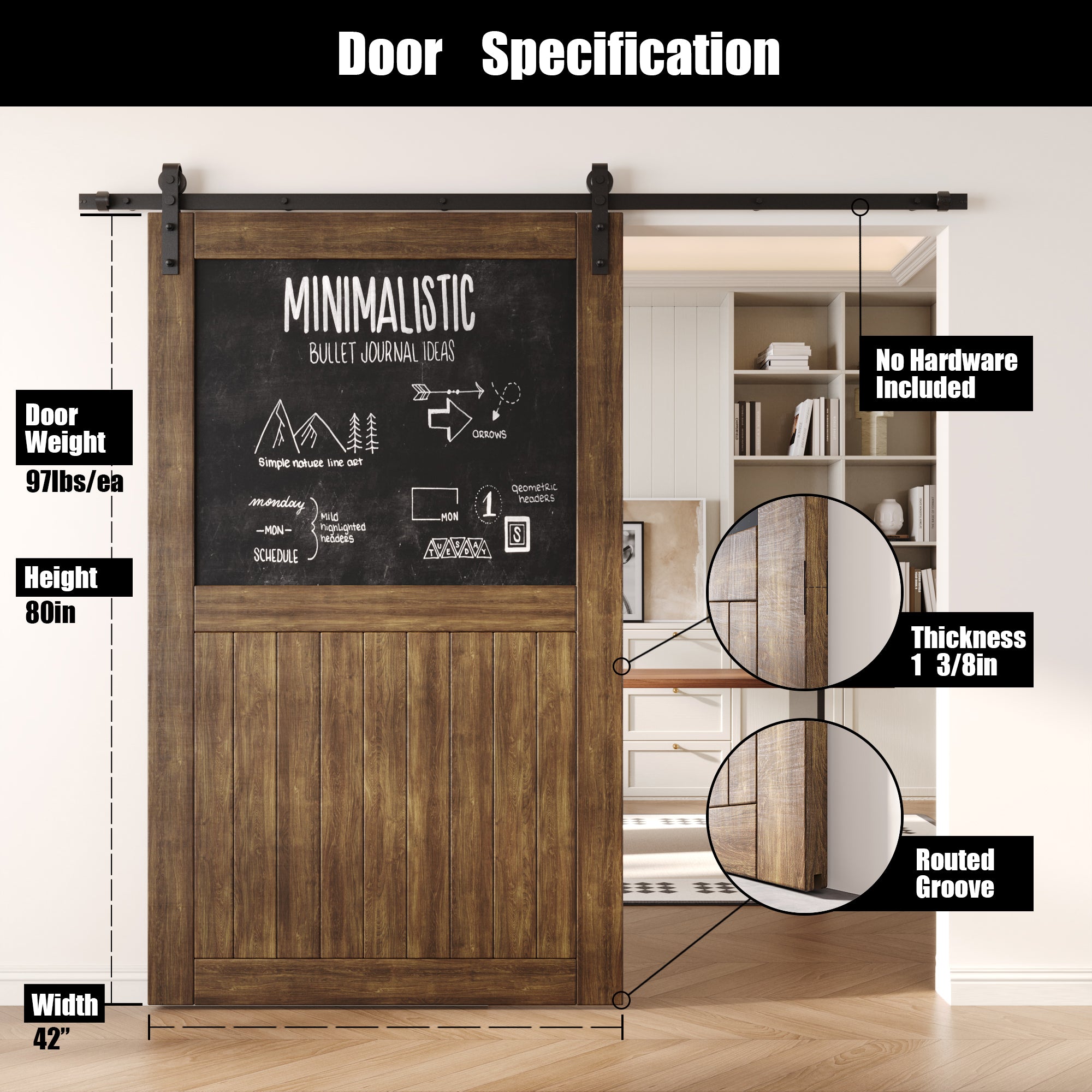 80" Height Dark Walnut Top Chalkboard Panel Unassembled & Finished Pine Wood Barn Door (Interior Use Only)