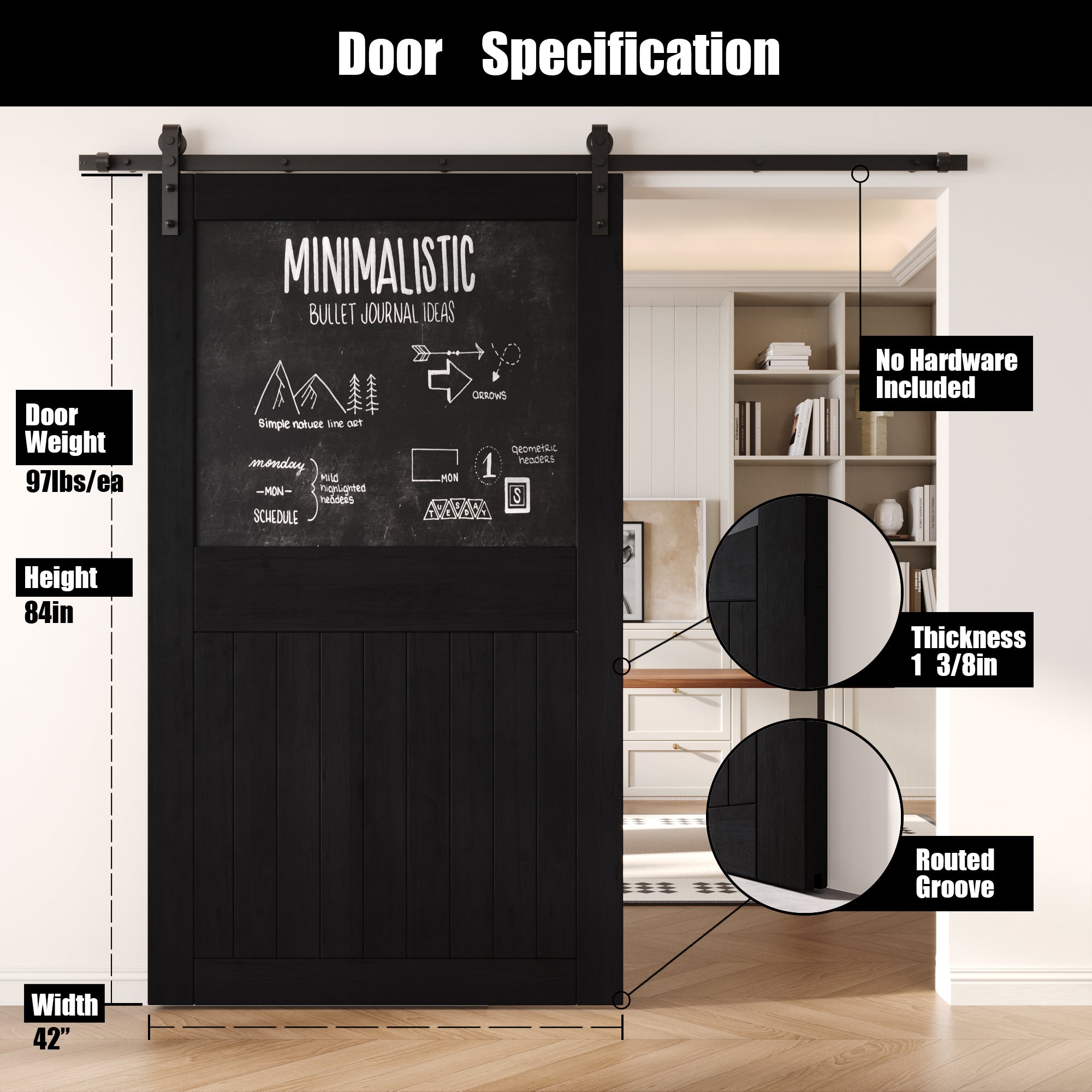 84" Height Black Top Chalkboard Panel Unassembled & Finished Pine Wood Barn Door (Interior Use Only)