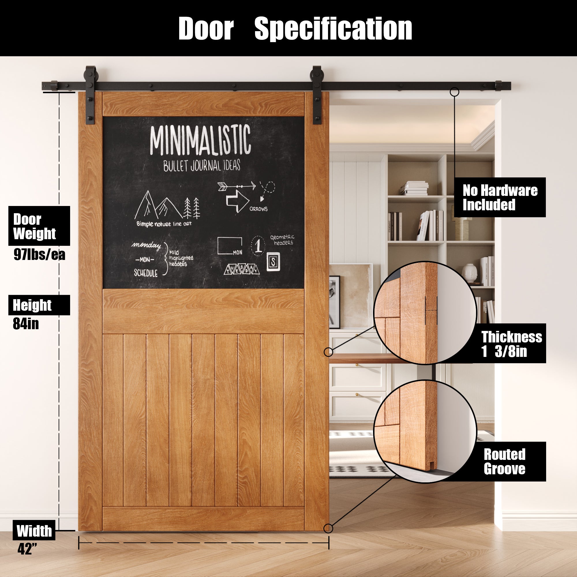 84" Height Early American Top Chalkboard Panel Unassembled & Finished Pine Wood Barn Door (Interior Use Only)
