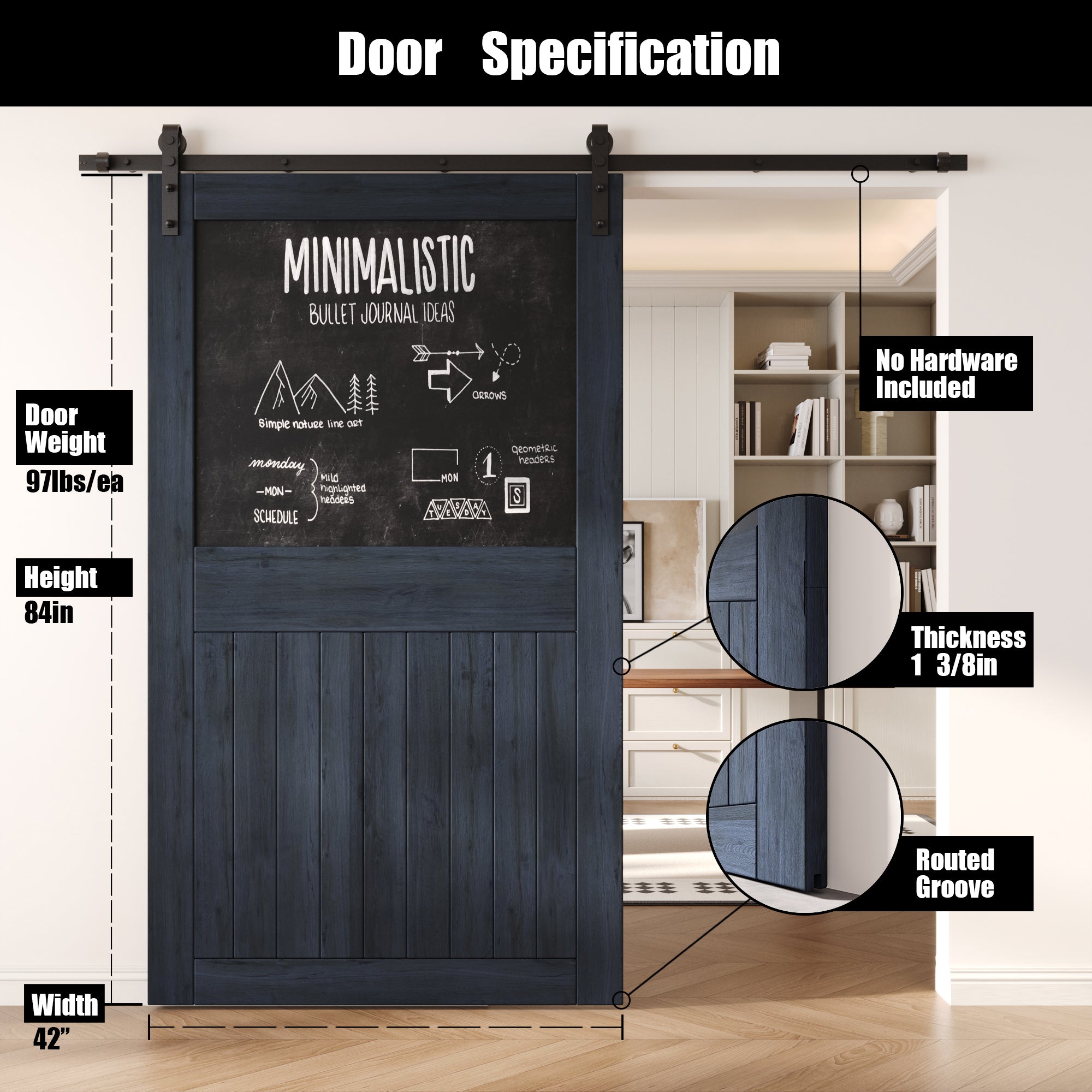 84" Height Navy Top Chalkboard Panel Unassembled & Finished Pine Wood Barn Door (Interior Use Only)