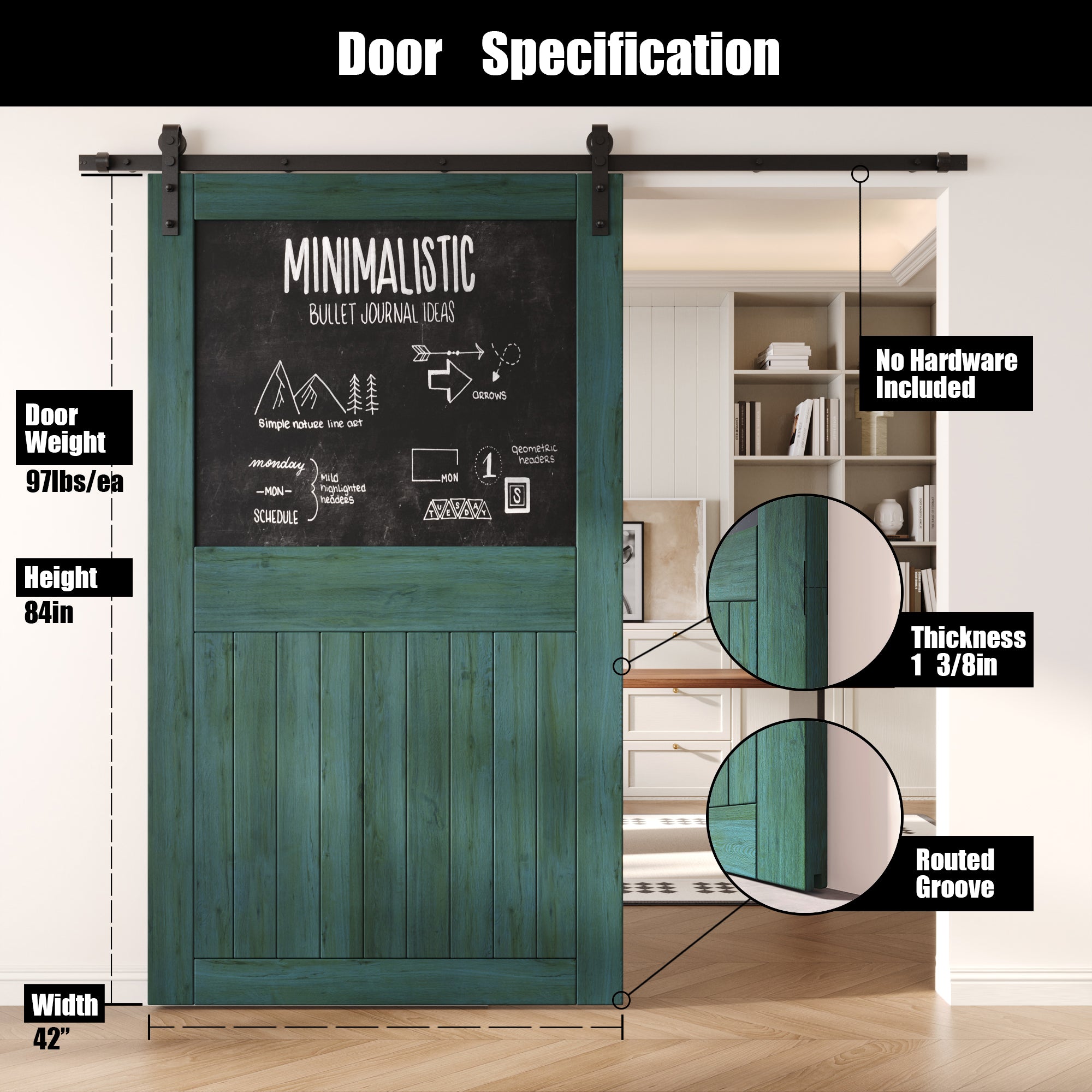 84" Height Royal Pine Top Chalkboard Panel Unassembled & Finished Pine Wood Barn Door (Interior Use Only)