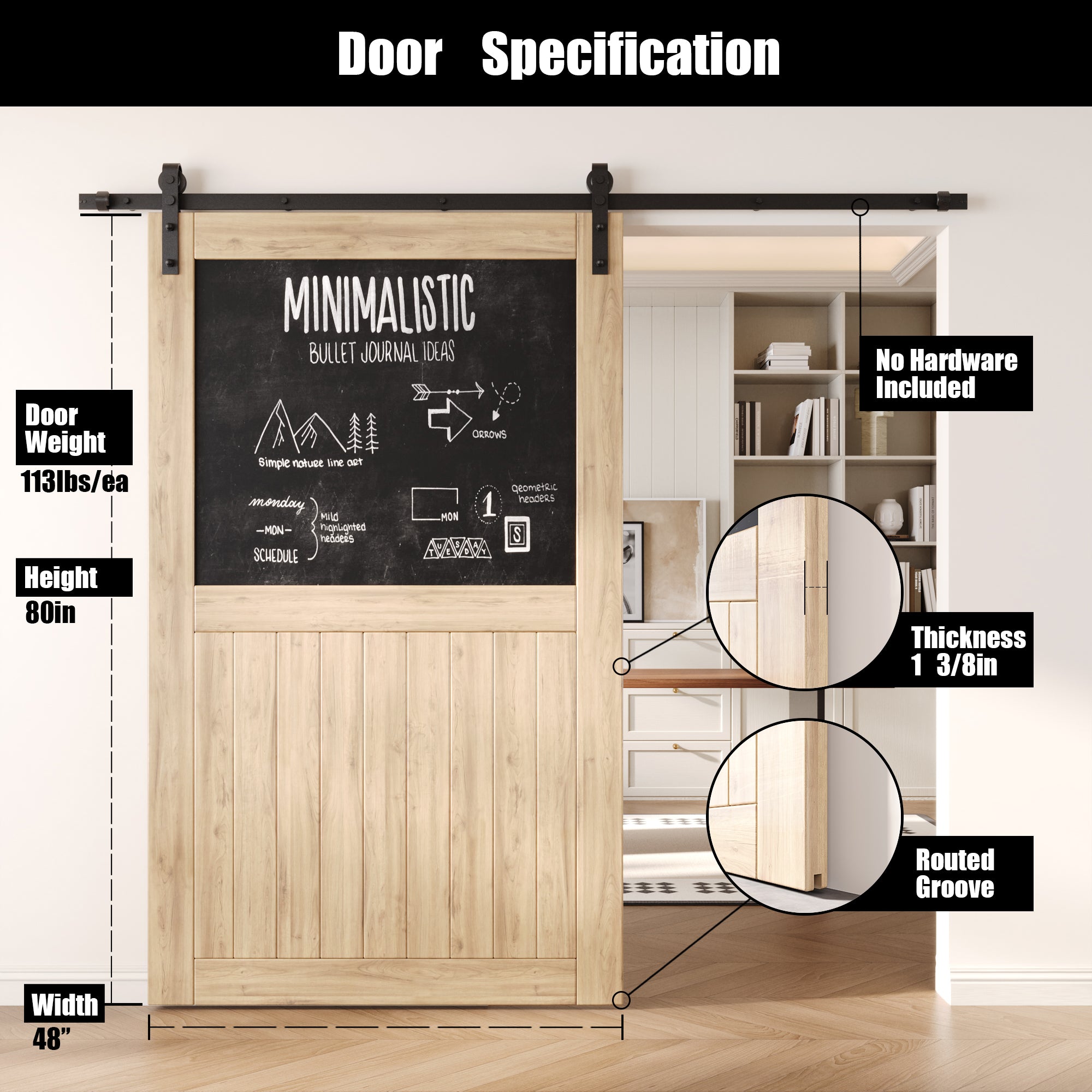 80" Height Top Chalkboard Panel Unassembled & Unfinished Pine Wood Barn Door (Interior Use Only)