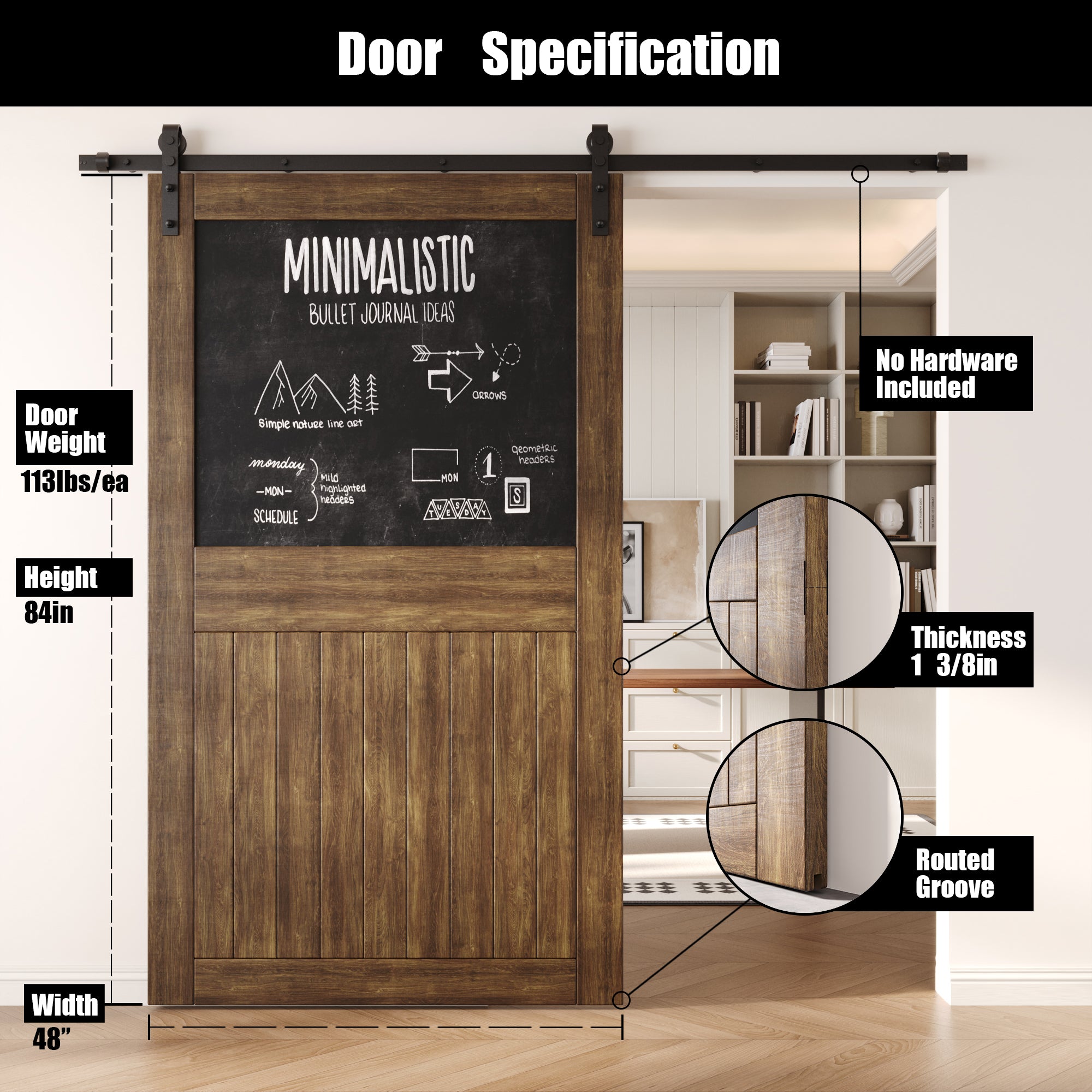 84" Height Dark Walnut Top Chalkboard Panel Unassembled & Finished Pine Wood Barn Door (Interior Use Only)