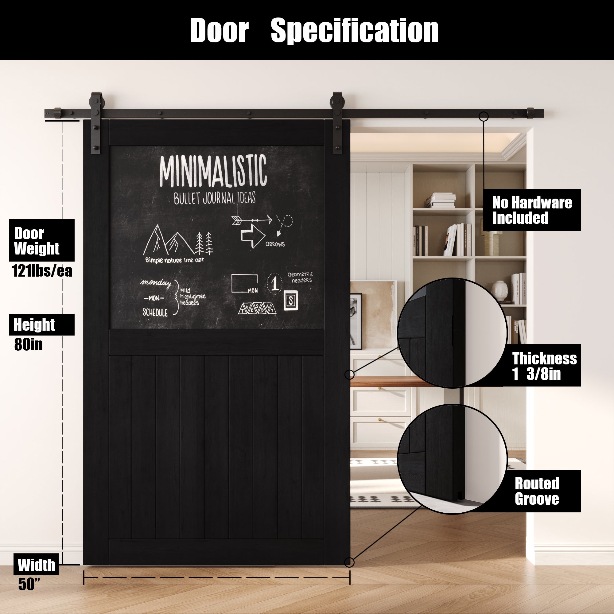 80" Height Black Top Chalkboard Panel Unassembled & Finished Pine Wood Barn Door (Interior Use Only)