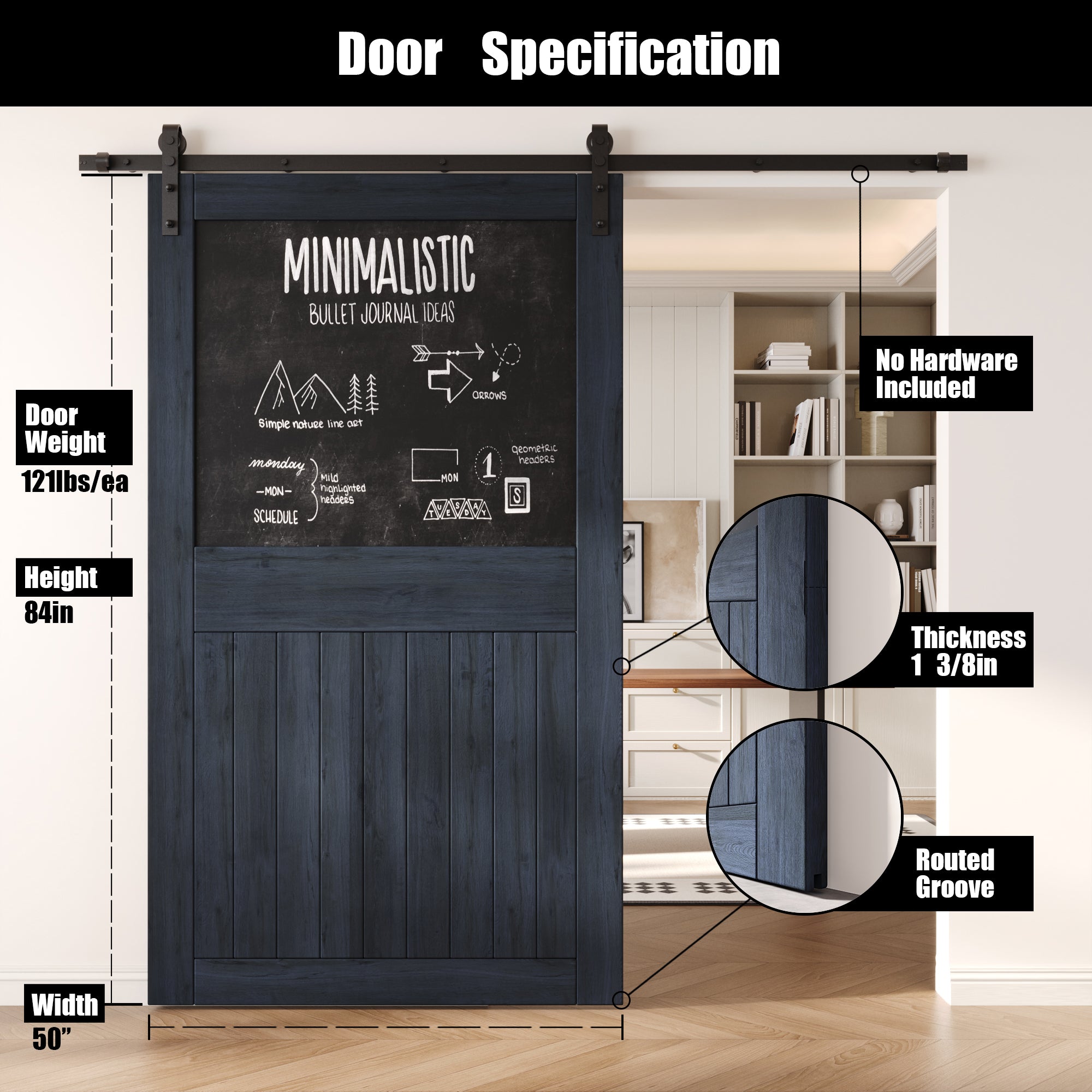 84" Height Navy Top Chalkboard Panel Unassembled & Finished Pine Wood Barn Door (Interior Use Only)