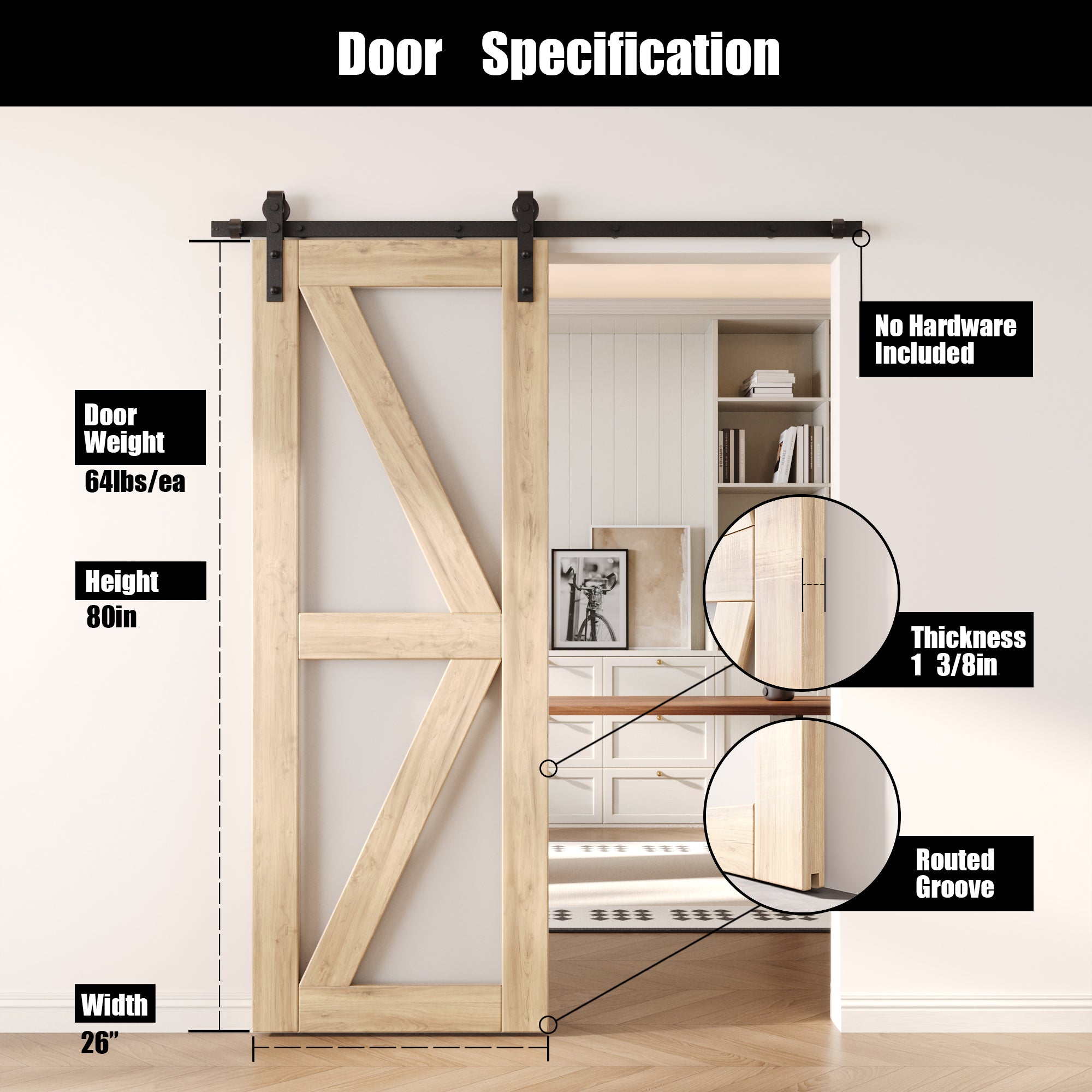 80" Height Frosted Glass Arrow Design Unassembled & Unfinished Pine Wood Barn Door (Interior Use Only)