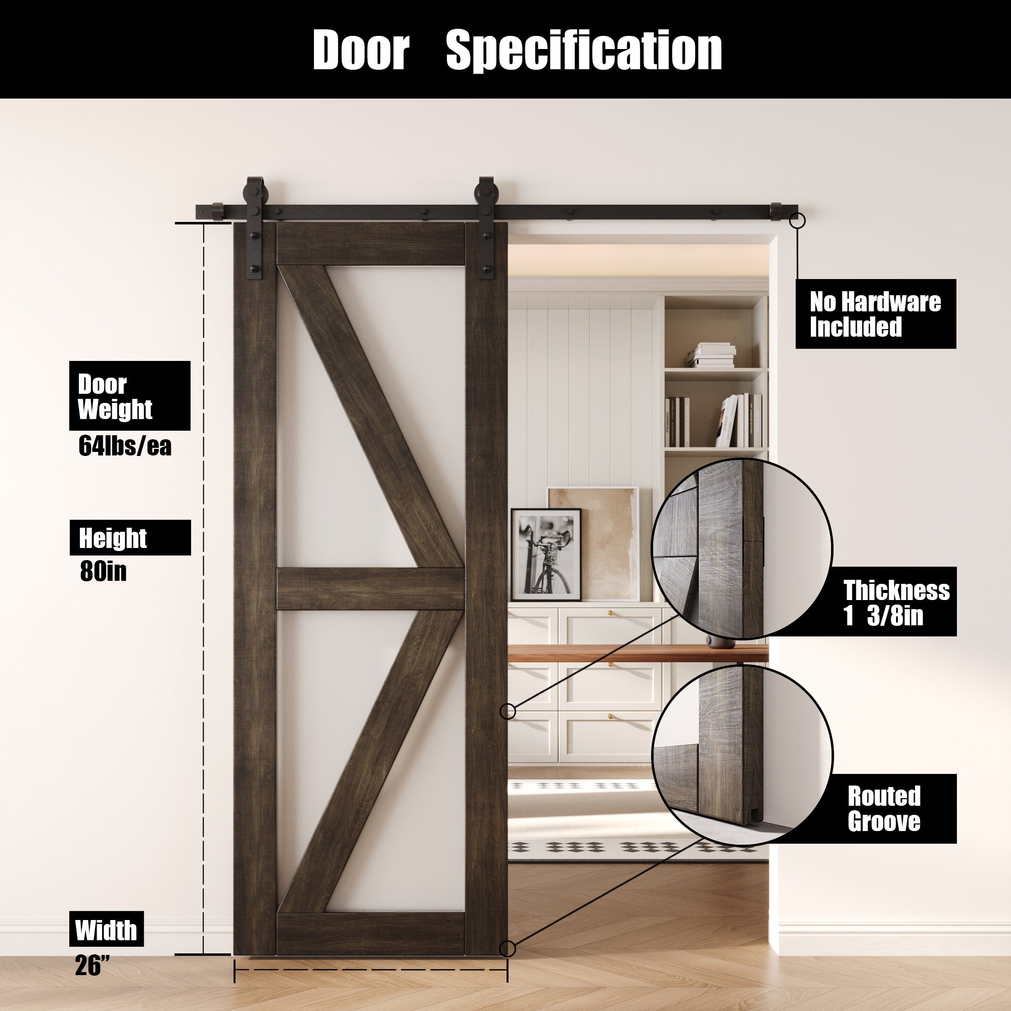 80" Height Ebony Frosted Glass Arrow Design Unassembled & Finished Pine Wood Barn Door (Interior Use Only)