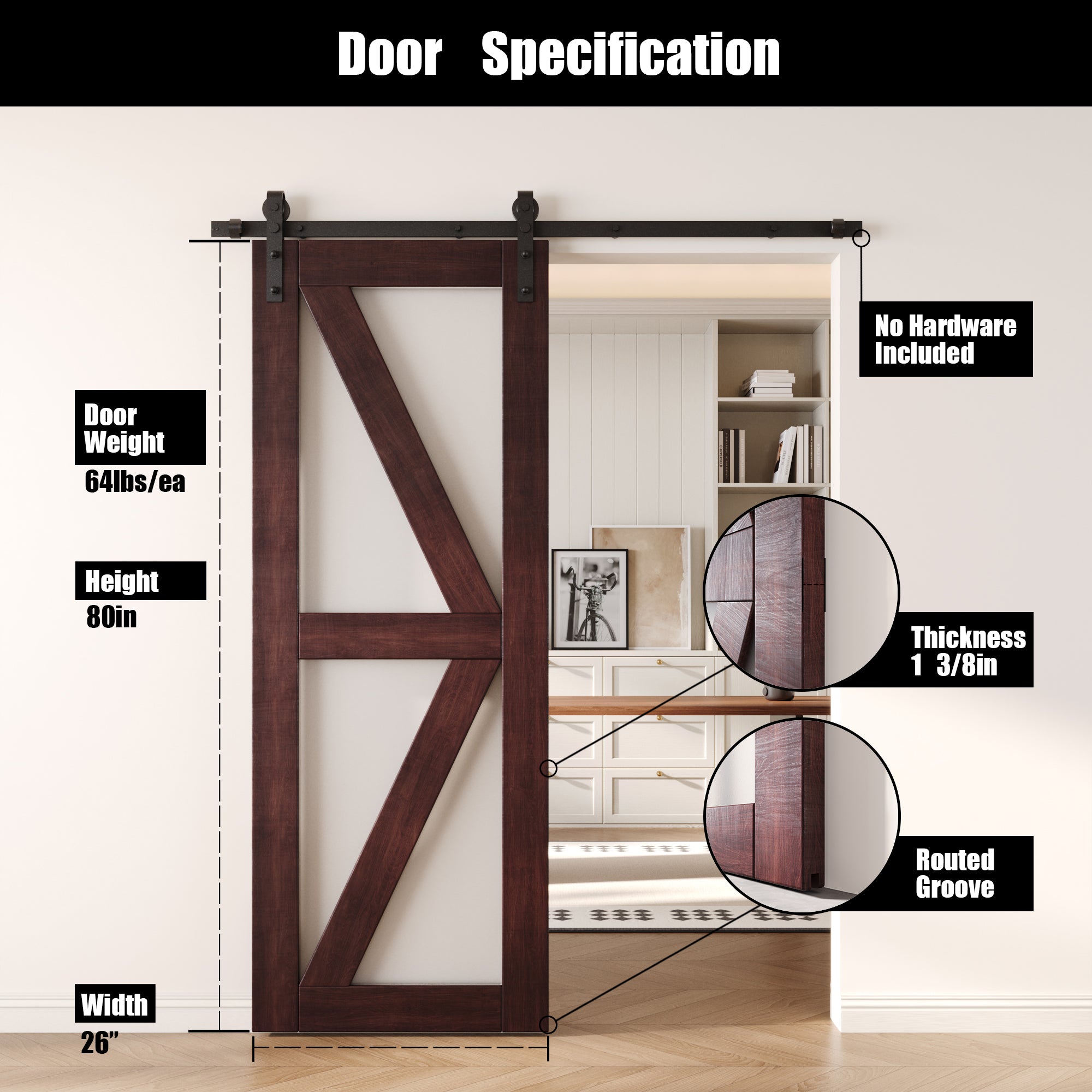 80" Height Red Mahogany Frosted Glass Arrow Design Unassembled & Finished Pine Wood Barn Door (Interior Use Only)