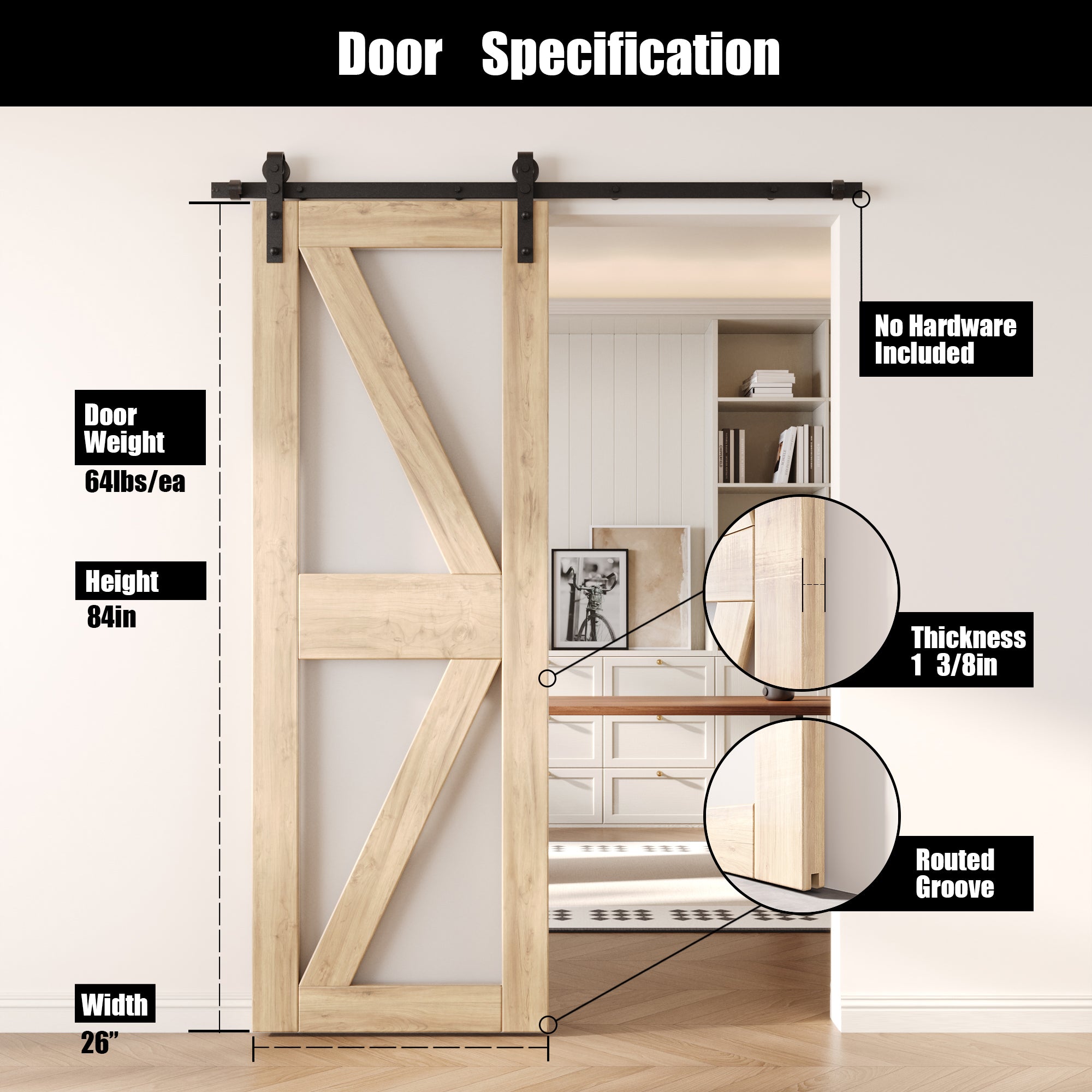 84" Height Frosted Glass Arrow Design Unassembled & Unfinished Pine Wood Barn Door (Interior Use Only)
