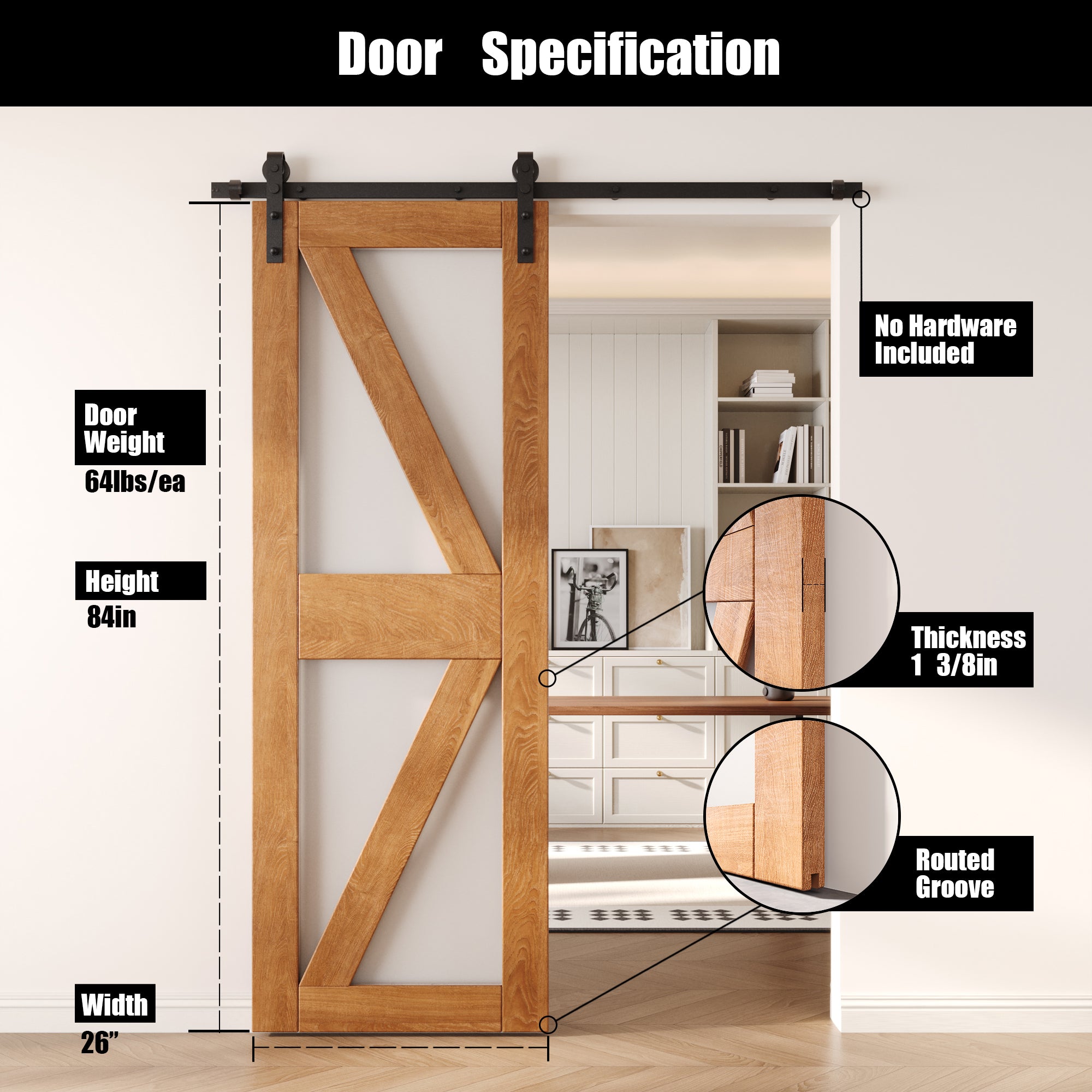 84" Height Early American Frosted Glass Arrow Design Unassembled & Finished Pine Wood Barn Door (Interior Use Only)