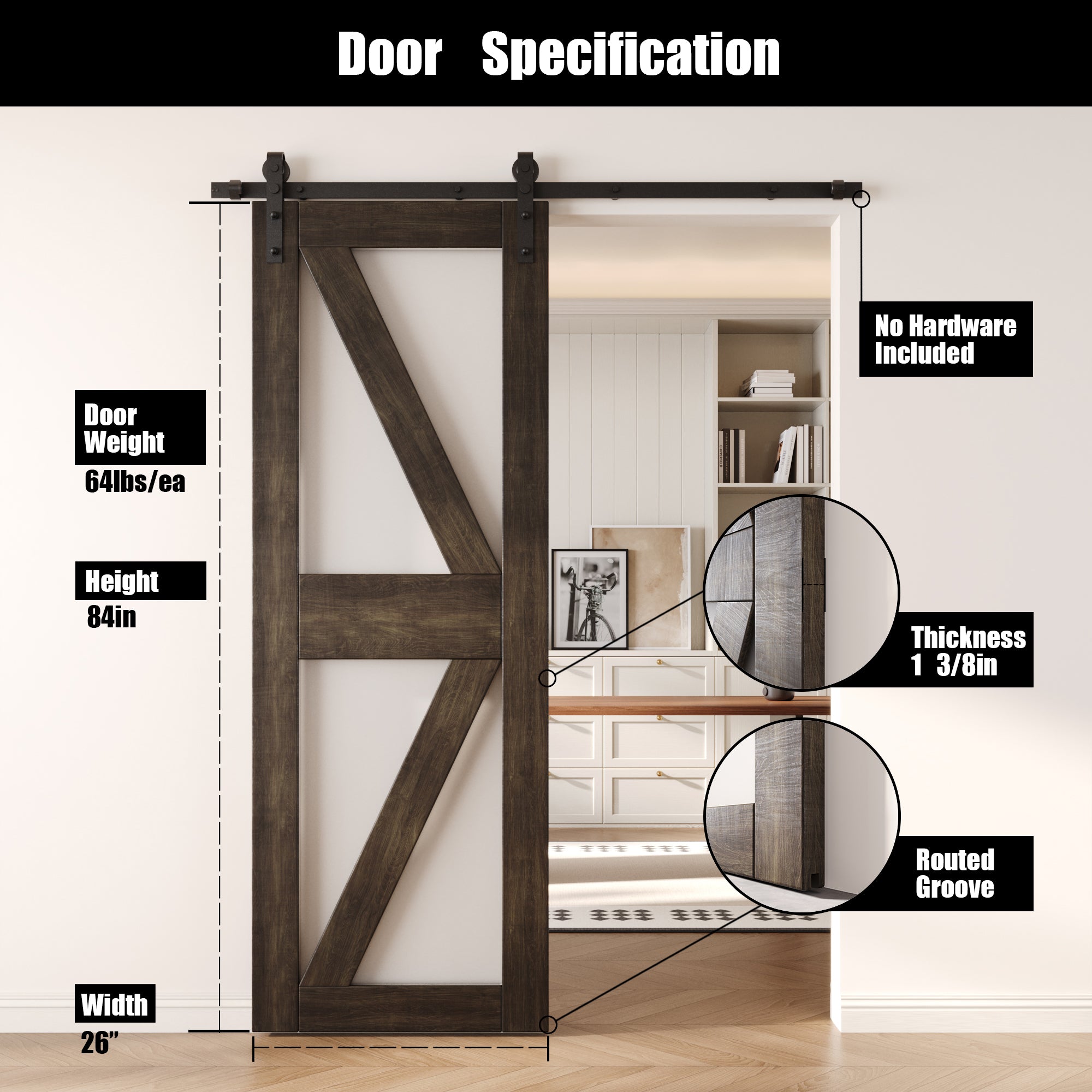 84" Height Ebony Frosted Glass Arrow Design Unassembled & Finished Pine Wood Barn Door (Interior Use Only)