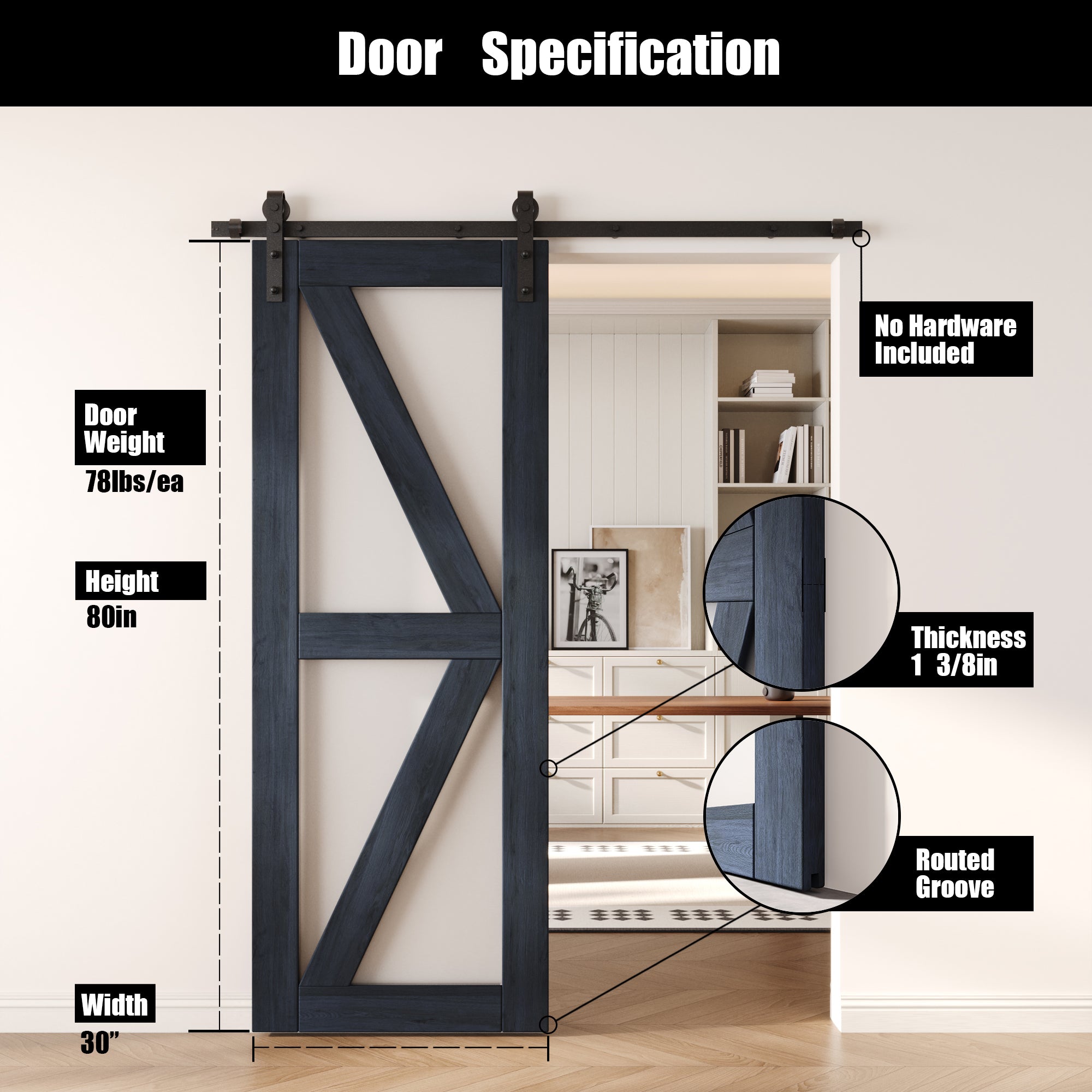 80" Height Navy Frosted Glass Arrow Design Unassembled & Finished Pine Wood Barn Door (Interior Use Only)