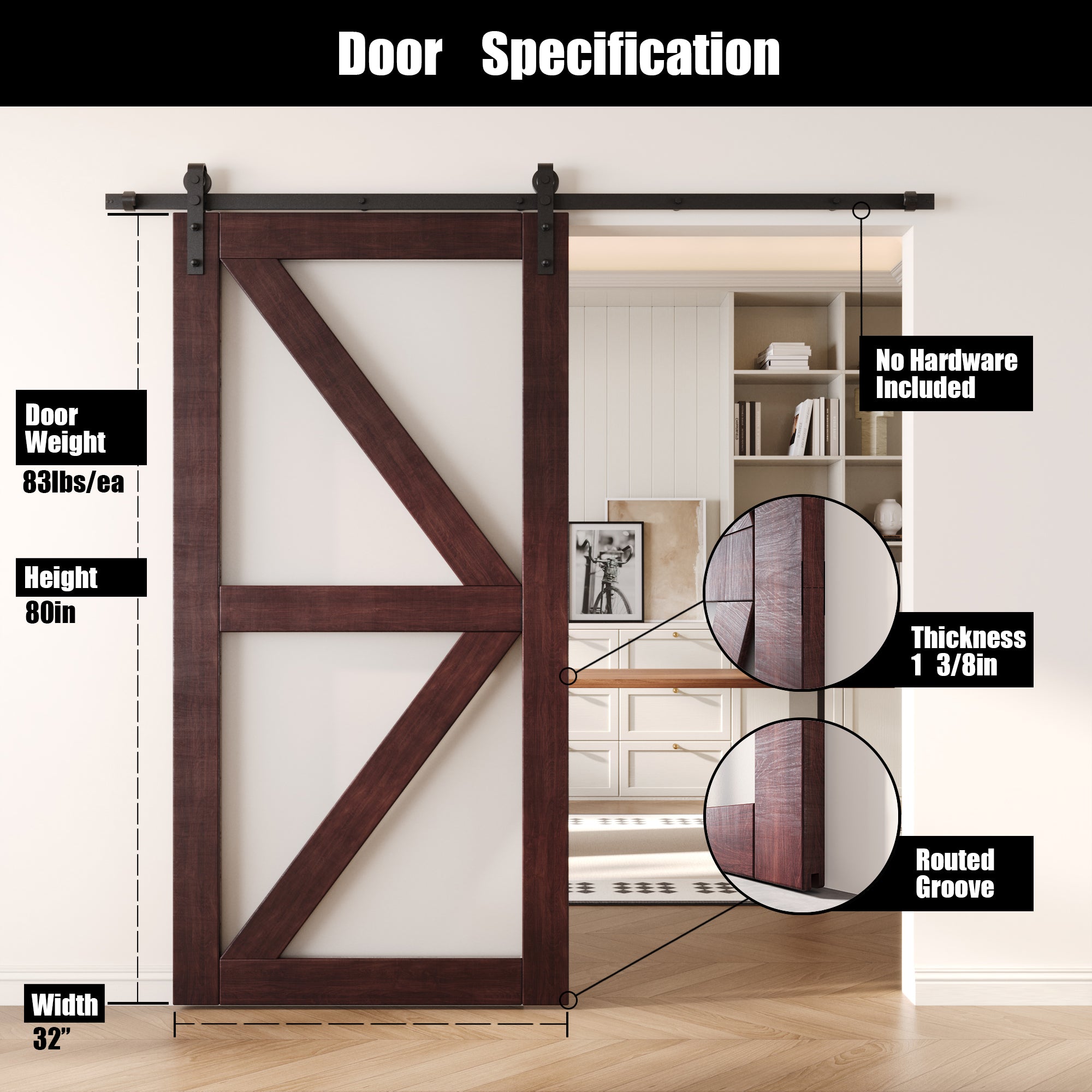 80" Height Red Mahogany Frosted Glass Arrow Design Unassembled & Finished Pine Wood Barn Door (Interior Use Only)