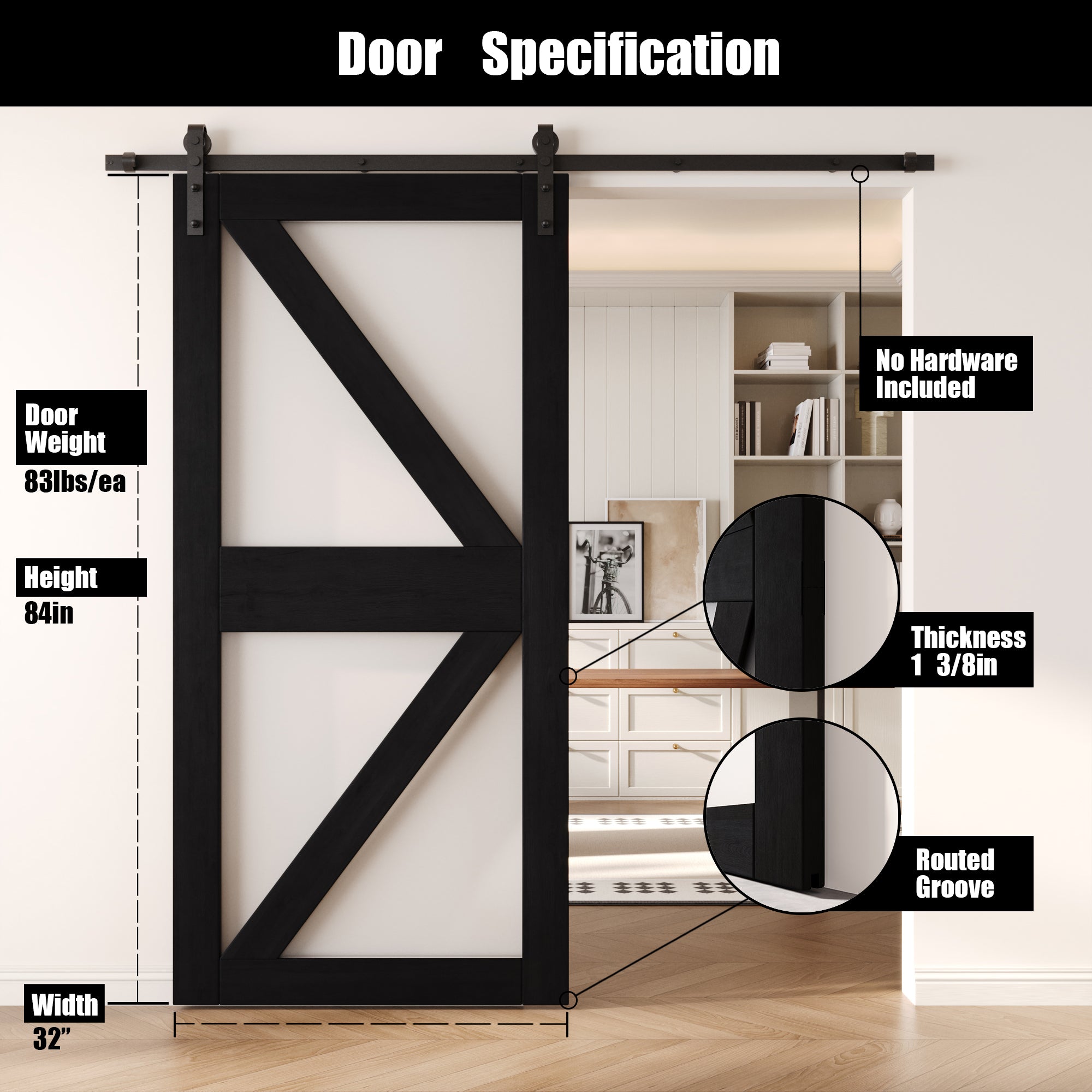 84" Height Black Frosted Glass Arrow Design Unassembled & Finished Pine Wood Barn Door (Interior Use Only)