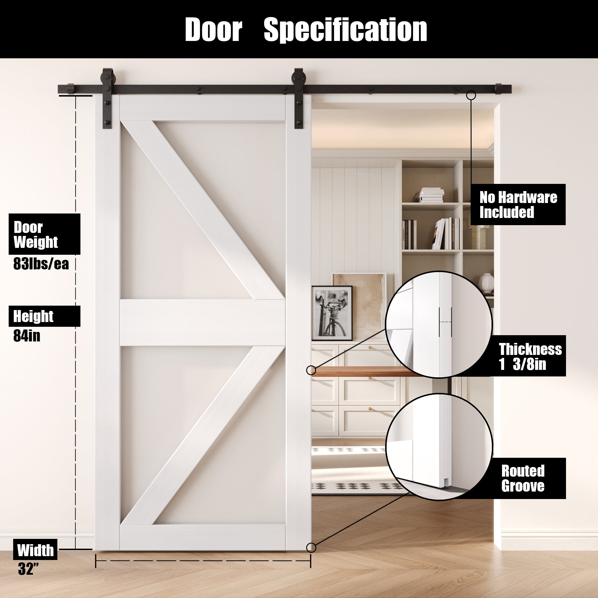84" Height White Frosted Glass Arrow Design Unassembled & Finished Pine Wood Barn Door (Interior Use Only)