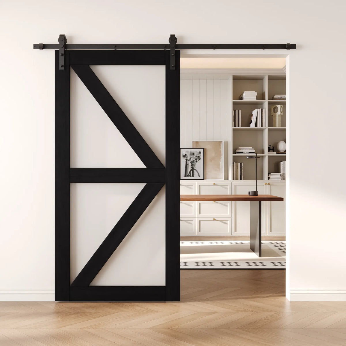 80-inch frosted glass barn door in a bright interior