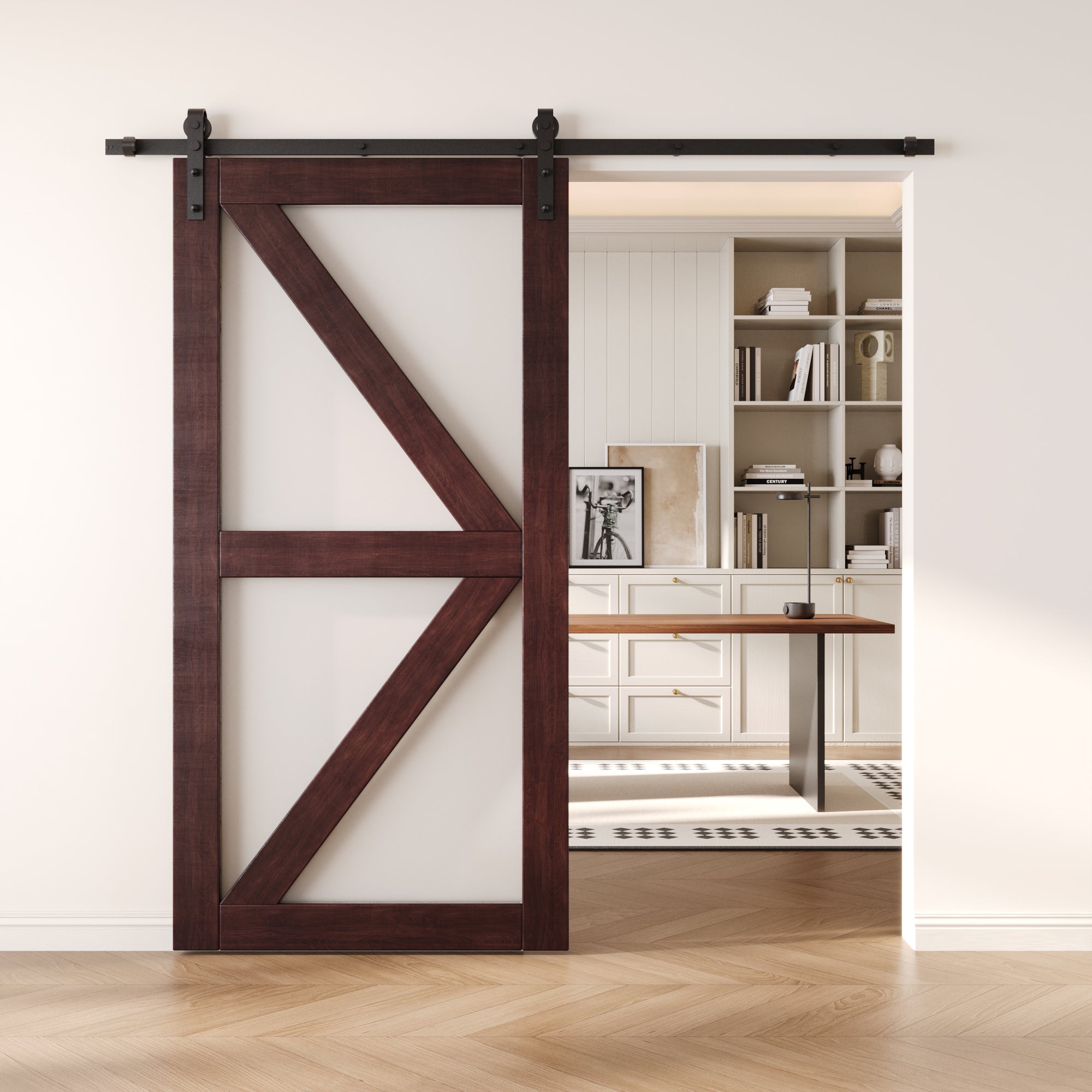 80" Height Red Mahogany Frosted Glass Arrow Design Unassembled & Finished Pine Wood Barn Door (Interior Use Only)