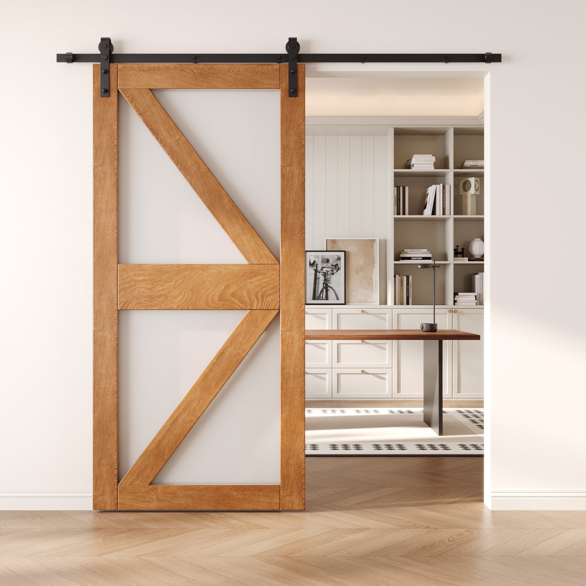 84" Height Early American Frosted Glass Arrow Design Unassembled & Finished Pine Wood Barn Door (Interior Use Only)