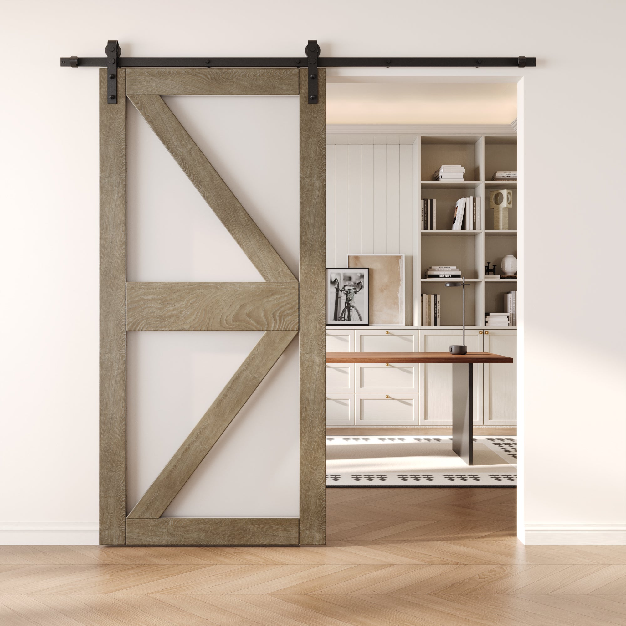 84" Height Classic Gray Frosted Glass Arrow Design Unassembled & Finished Pine Wood Barn Door (Interior Use Only)