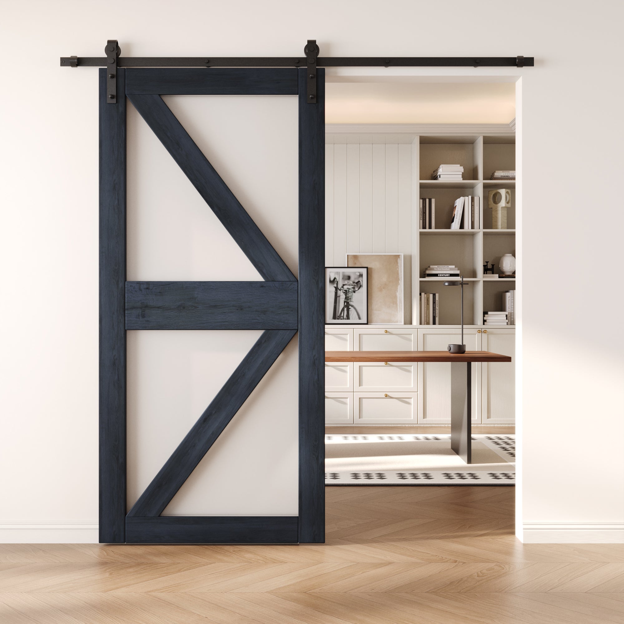 84" Height Navy Frosted Glass Arrow Design Unassembled & Finished Pine Wood Barn Door (Interior Use Only)