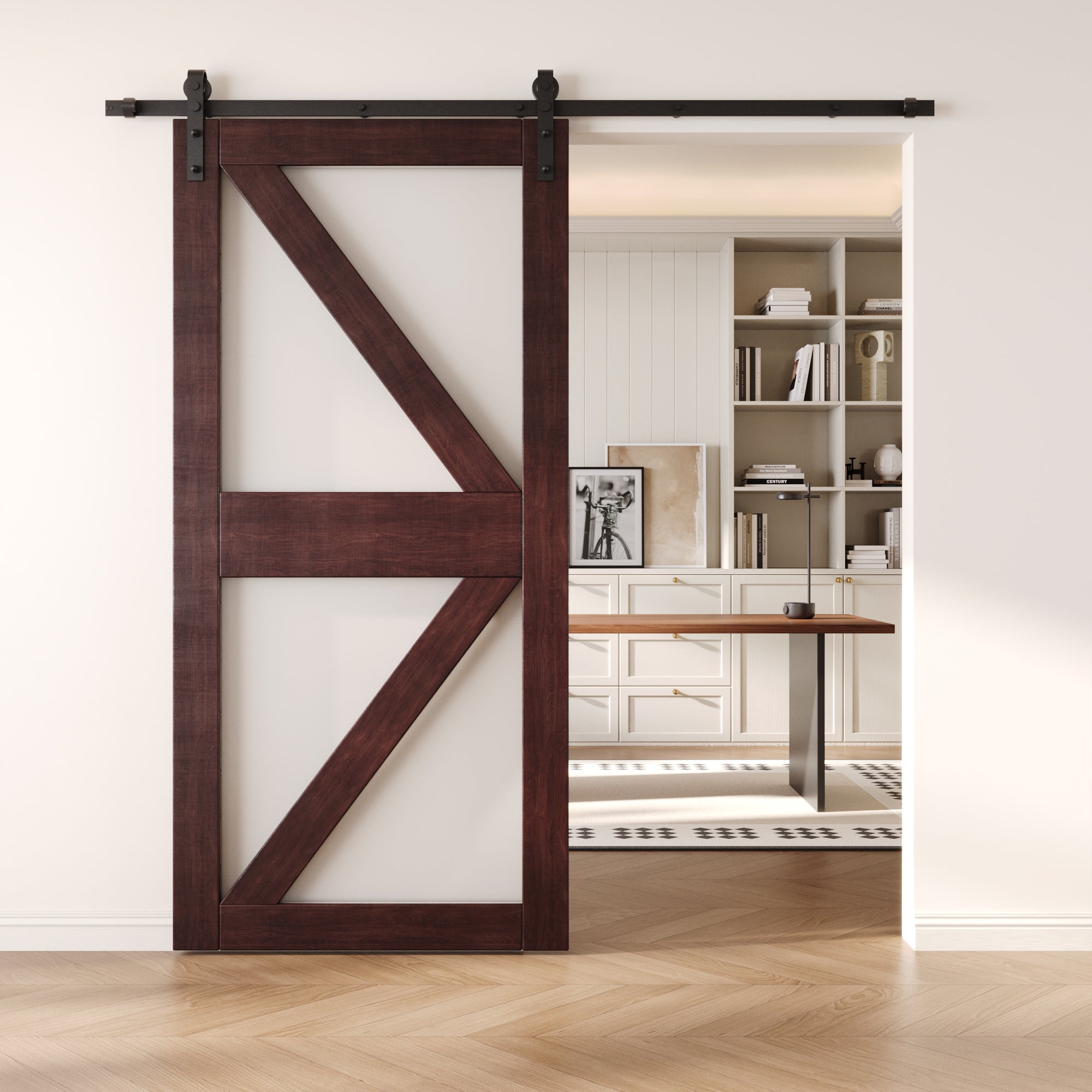 84" Height Red Mahogany Frosted Glass Arrow Design Unassembled & Finished Pine Wood Barn Door (Interior Use Only)