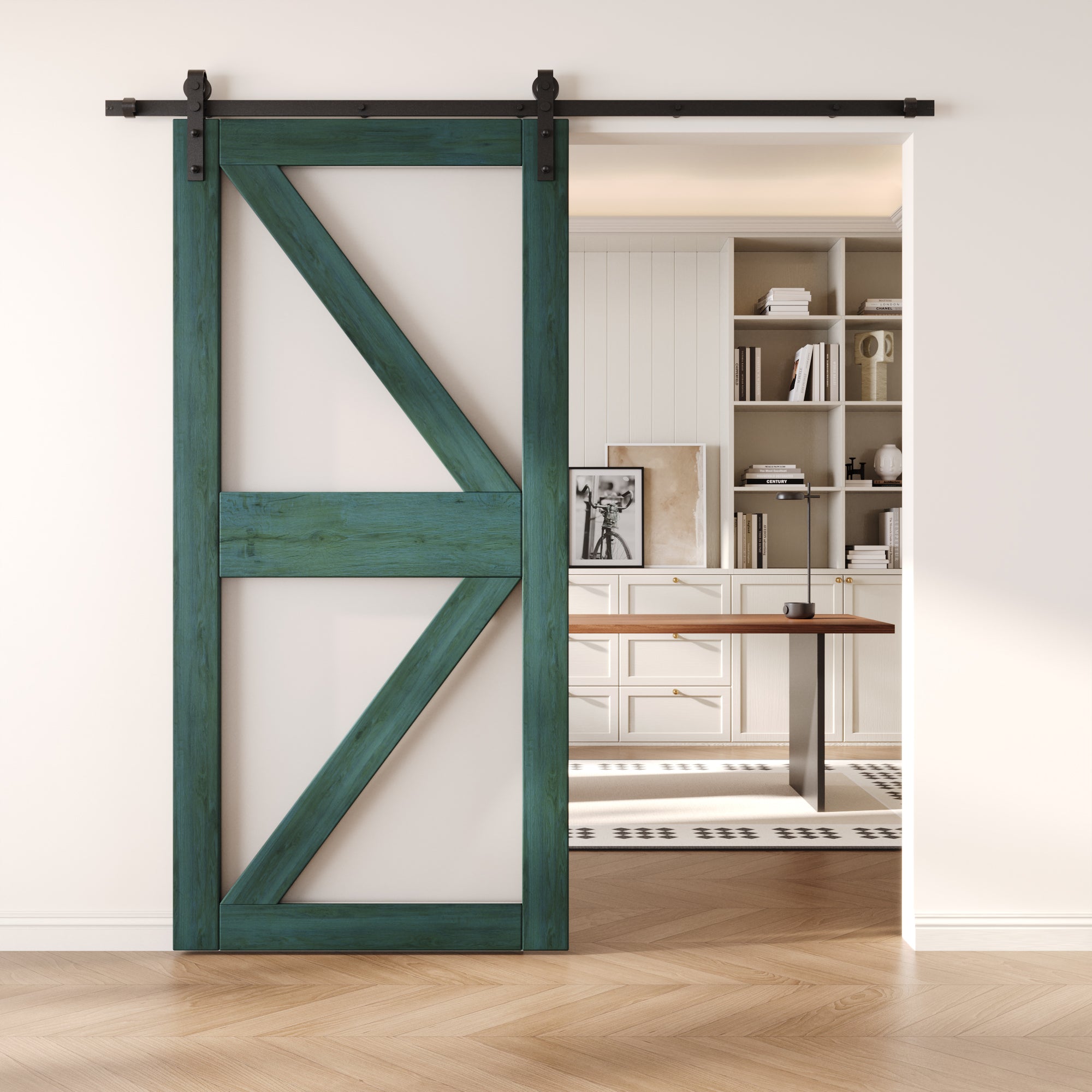 84" Height Royal Pine Frosted Glass Arrow Design Unassembled & Finished Pine Wood Barn Door (Interior Use Only)