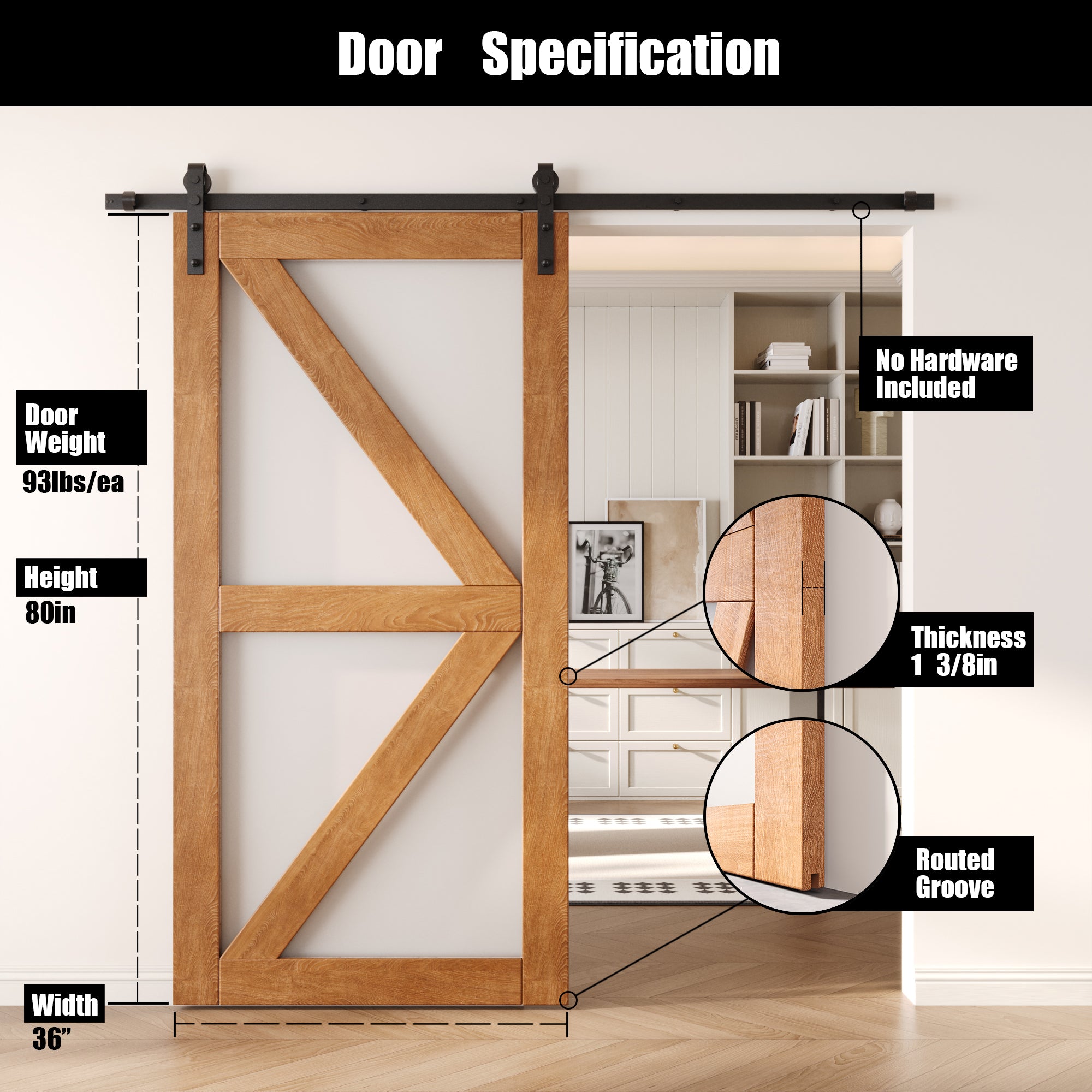 80" Height Early American Frosted Glass Arrow Design Unassembled & Finished Pine Wood Barn Door (Interior Use Only)