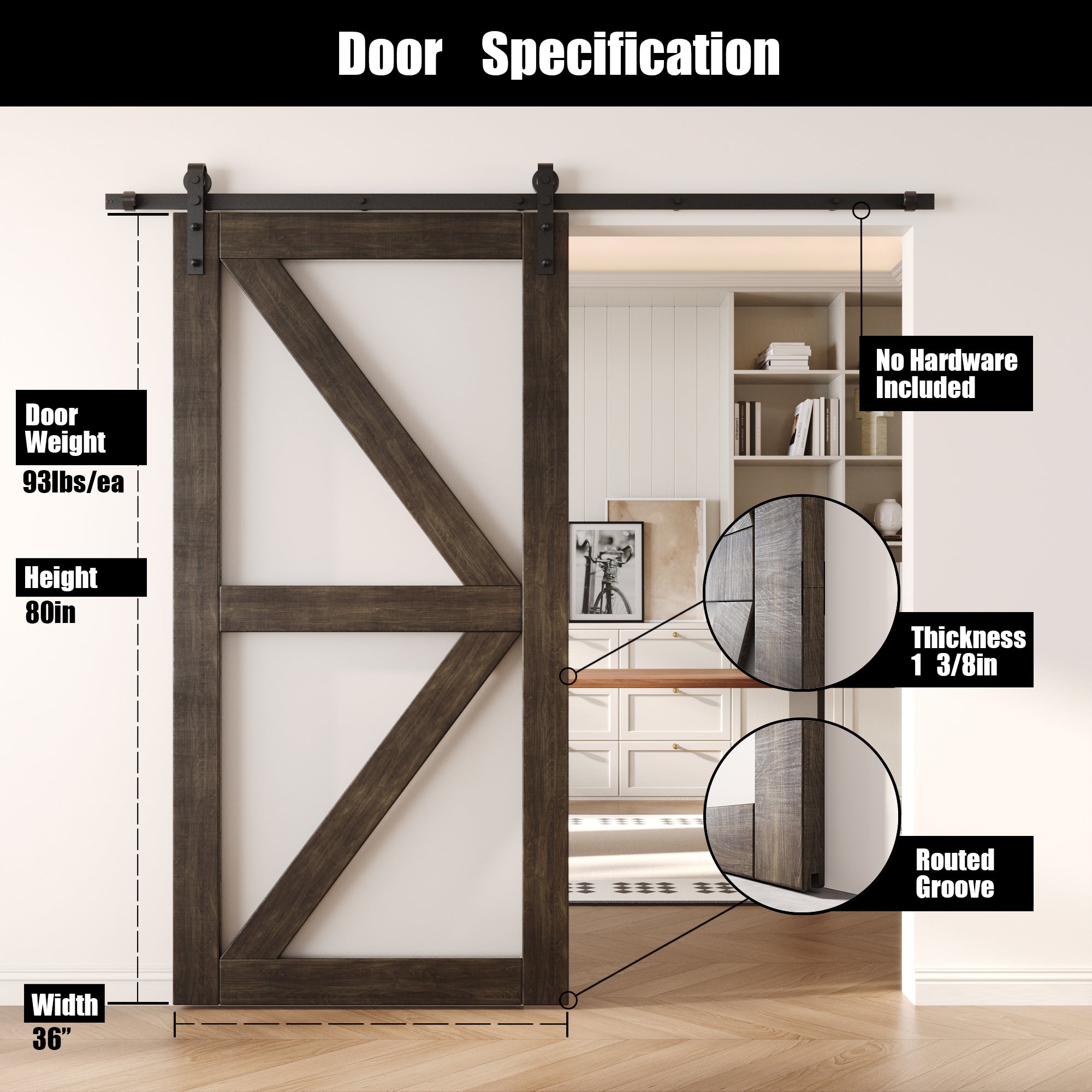 80" Height Ebony Frosted Glass Arrow Design Unassembled & Finished Pine Wood Barn Door (Interior Use Only)