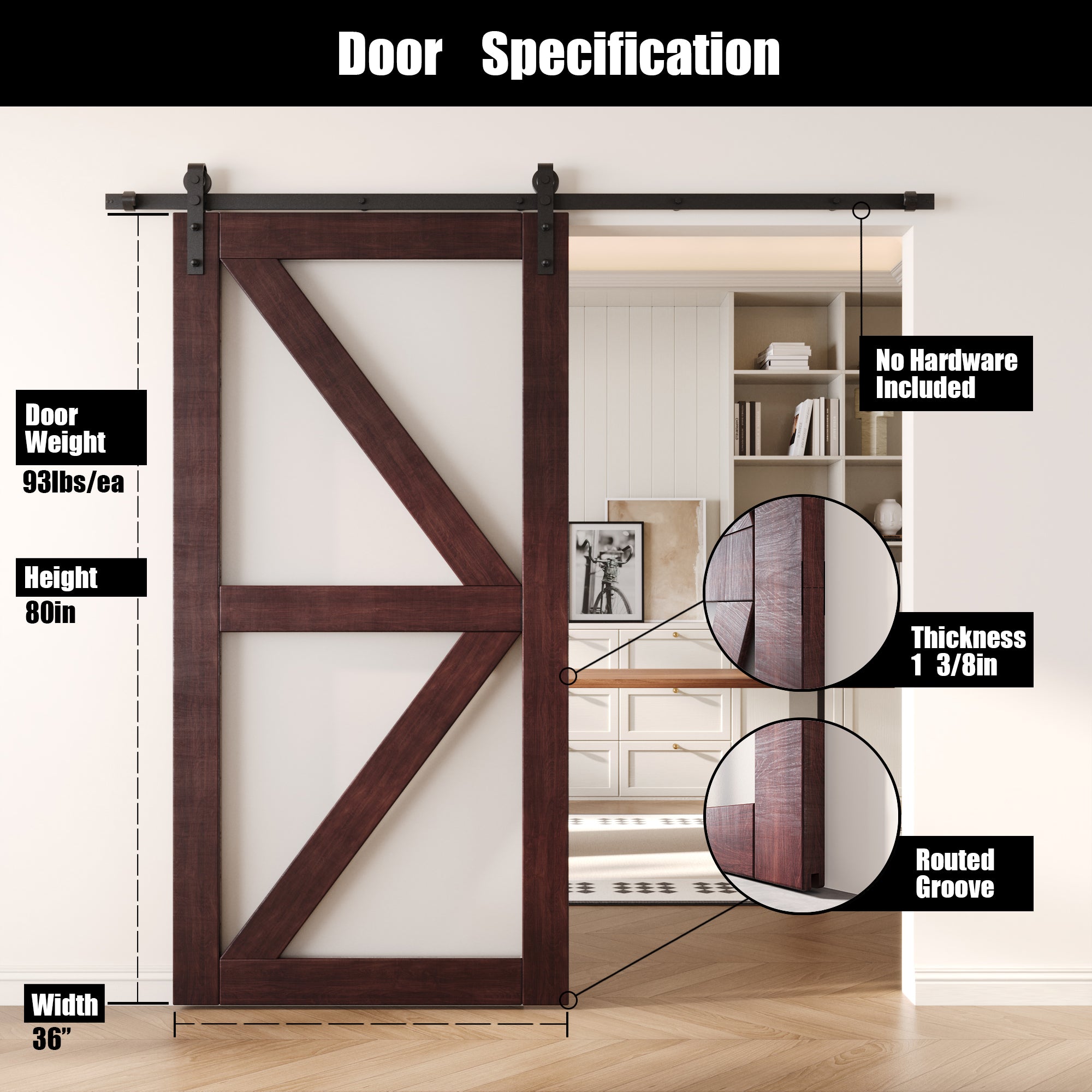 80" Height Red Mahogany Frosted Glass Arrow Design Unassembled & Finished Pine Wood Barn Door (Interior Use Only)