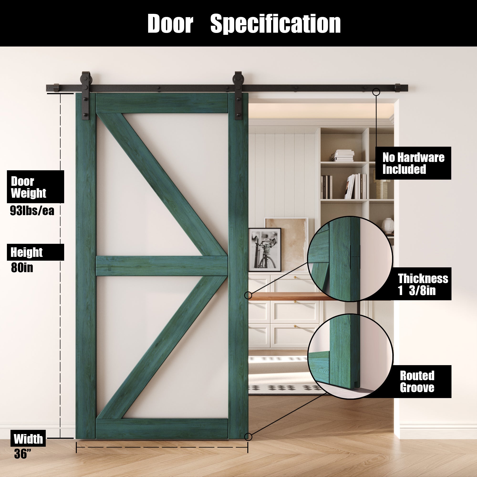 80" Height Royal Pine Frosted Glass Arrow Design Unassembled & Finished Pine Wood Barn Door (Interior Use Only)