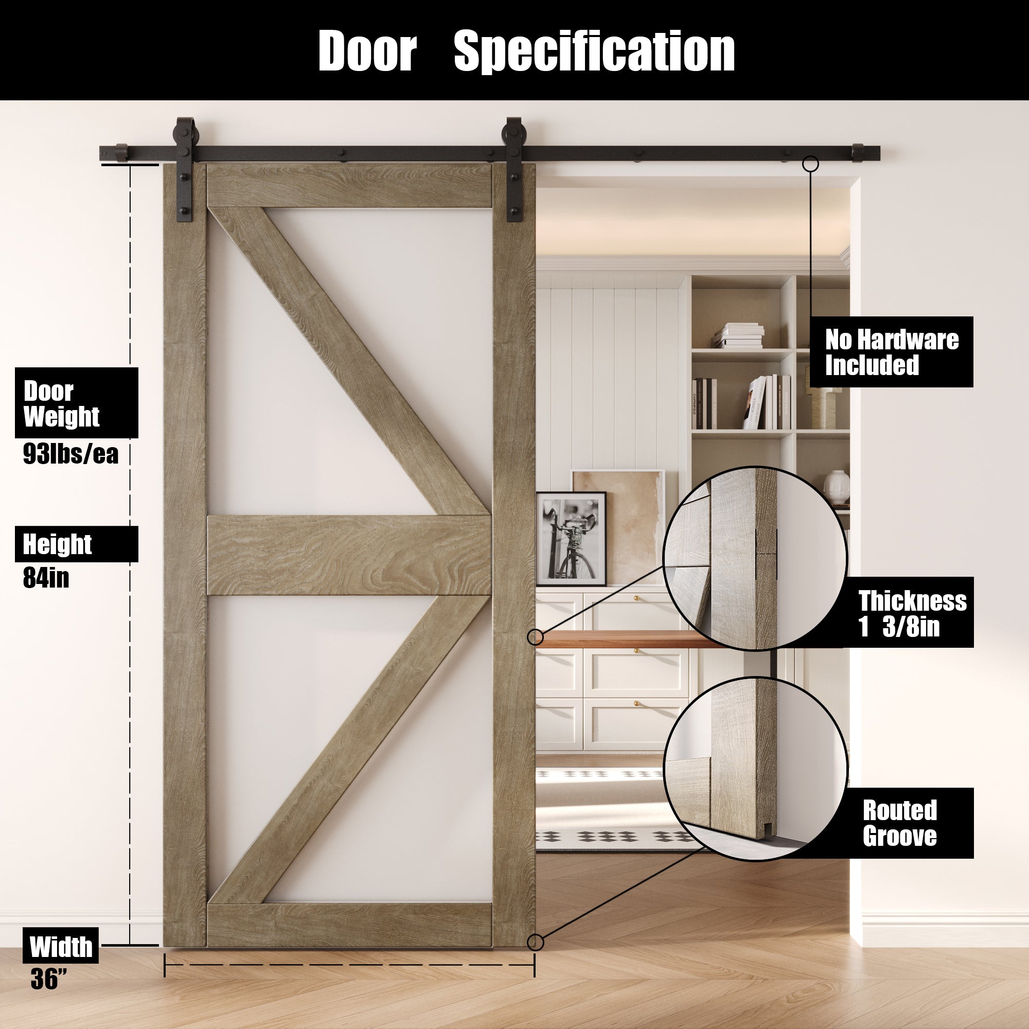 84" Height Classic Gray Frosted Glass Arrow Design Unassembled & Finished Pine Wood Barn Door (Interior Use Only)
