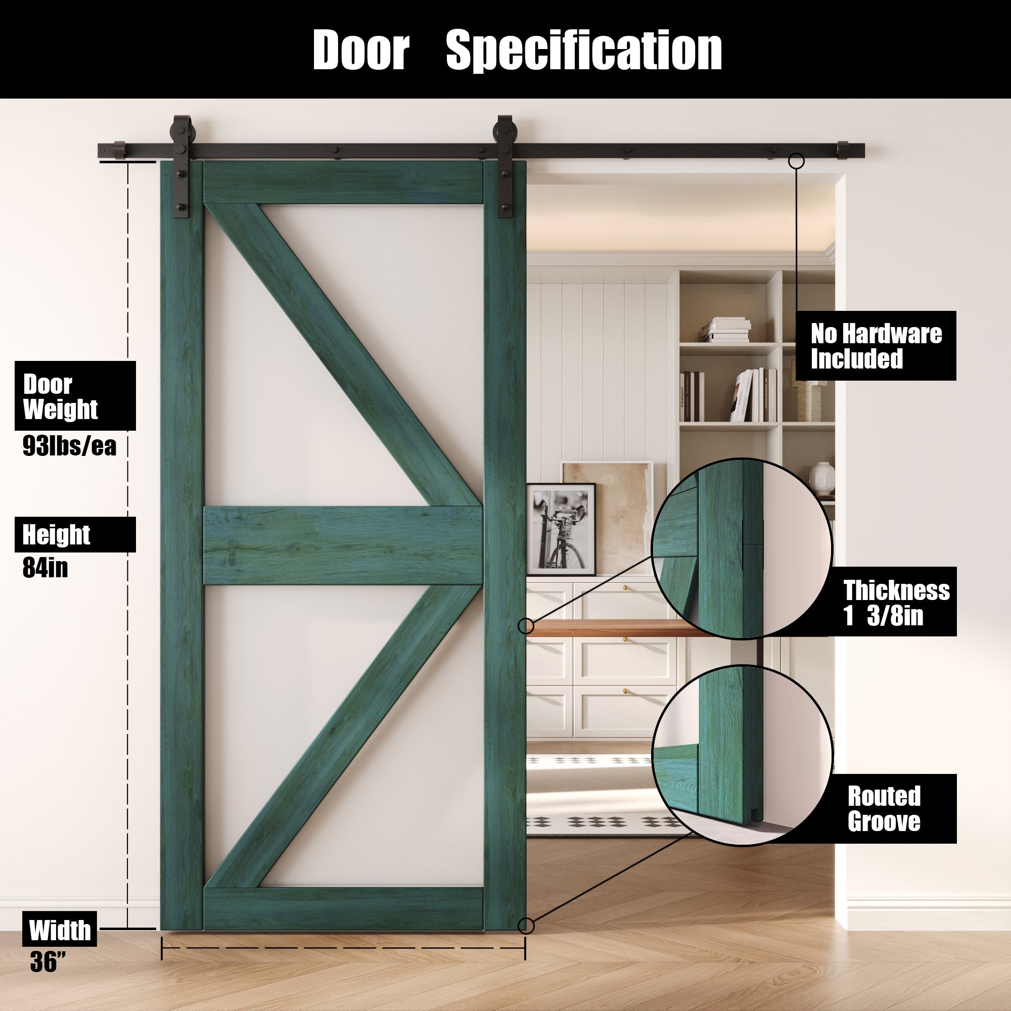 84" Height Royal Pine Frosted Glass Arrow Design Unassembled & Finished Pine Wood Barn Door (Interior Use Only)