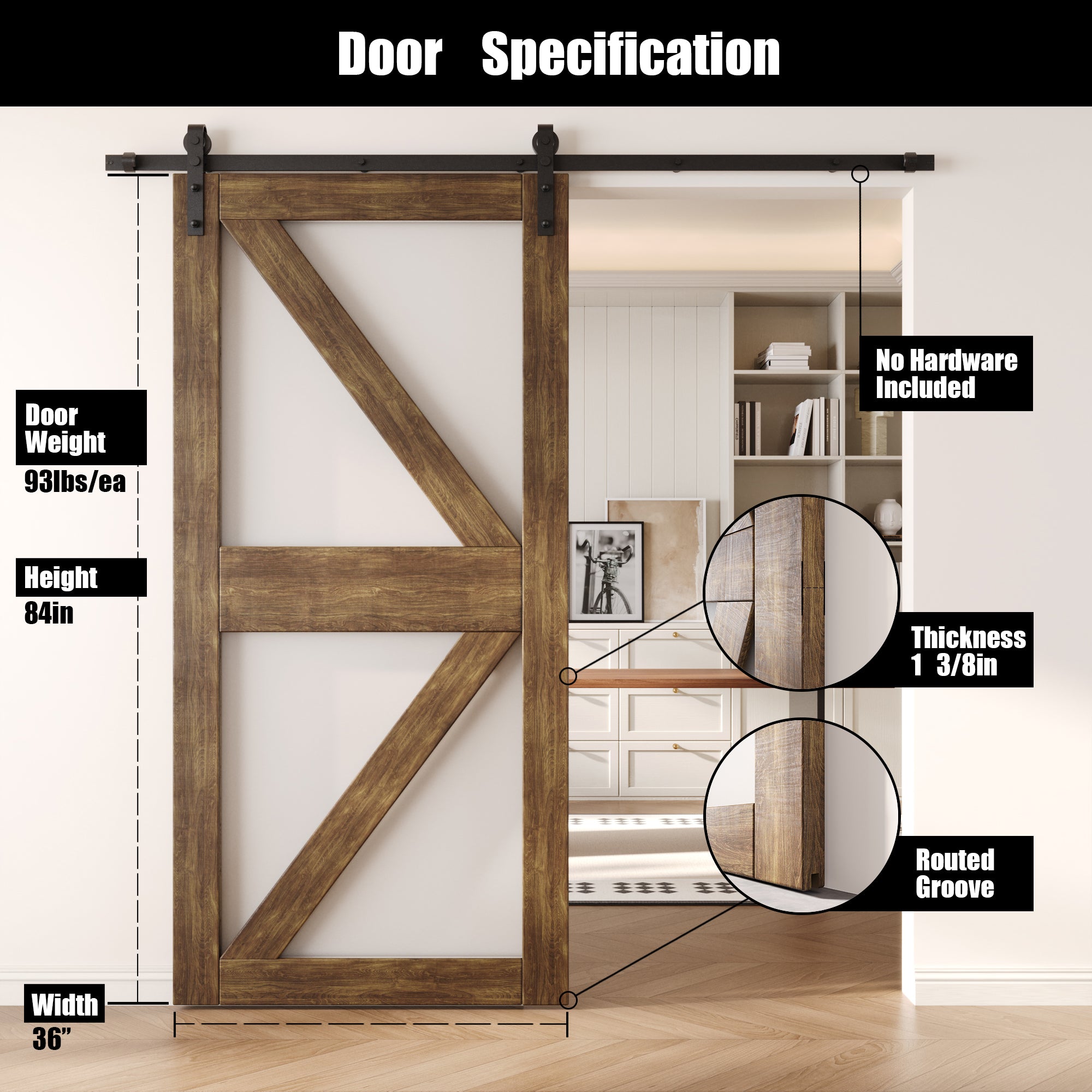 84" Height Dark Walnut Frosted Glass Arrow Design Unassembled & Finished Pine Wood Barn Door (Interior Use Only)