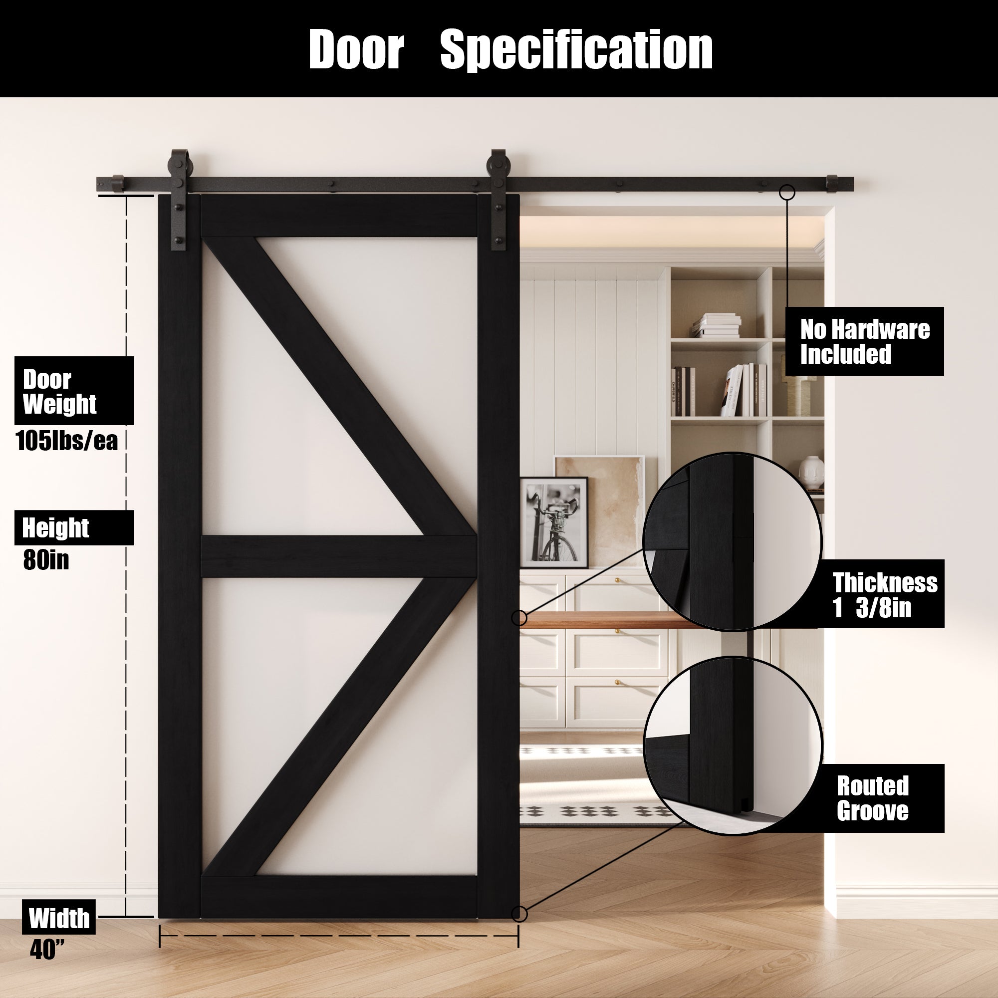 80" Height Black Frosted Glass Arrow Design Unassembled & Finished Pine Wood Barn Door (Interior Use Only)