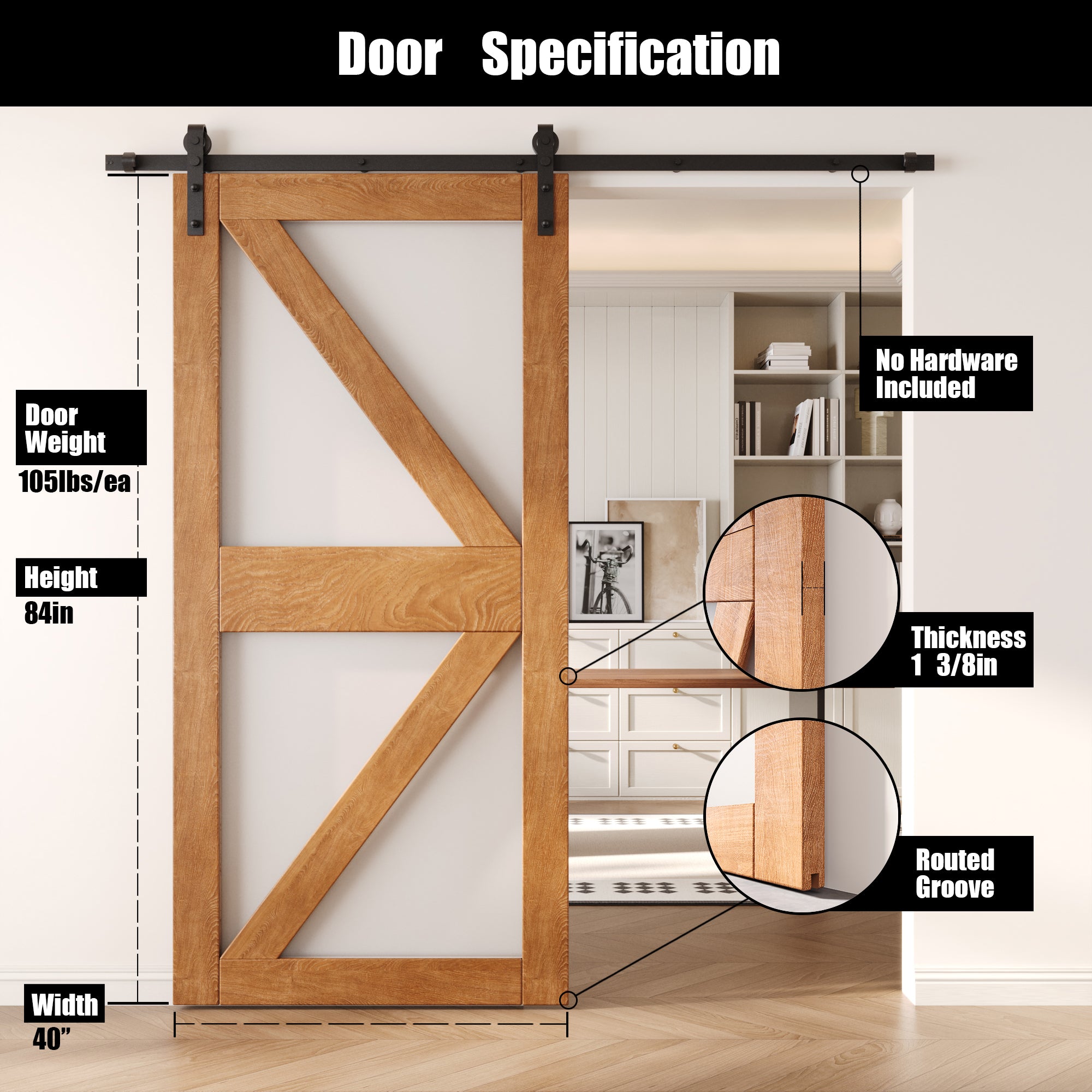 84" Height Early American Frosted Glass Arrow Design Unassembled & Finished Pine Wood Barn Door (Interior Use Only)