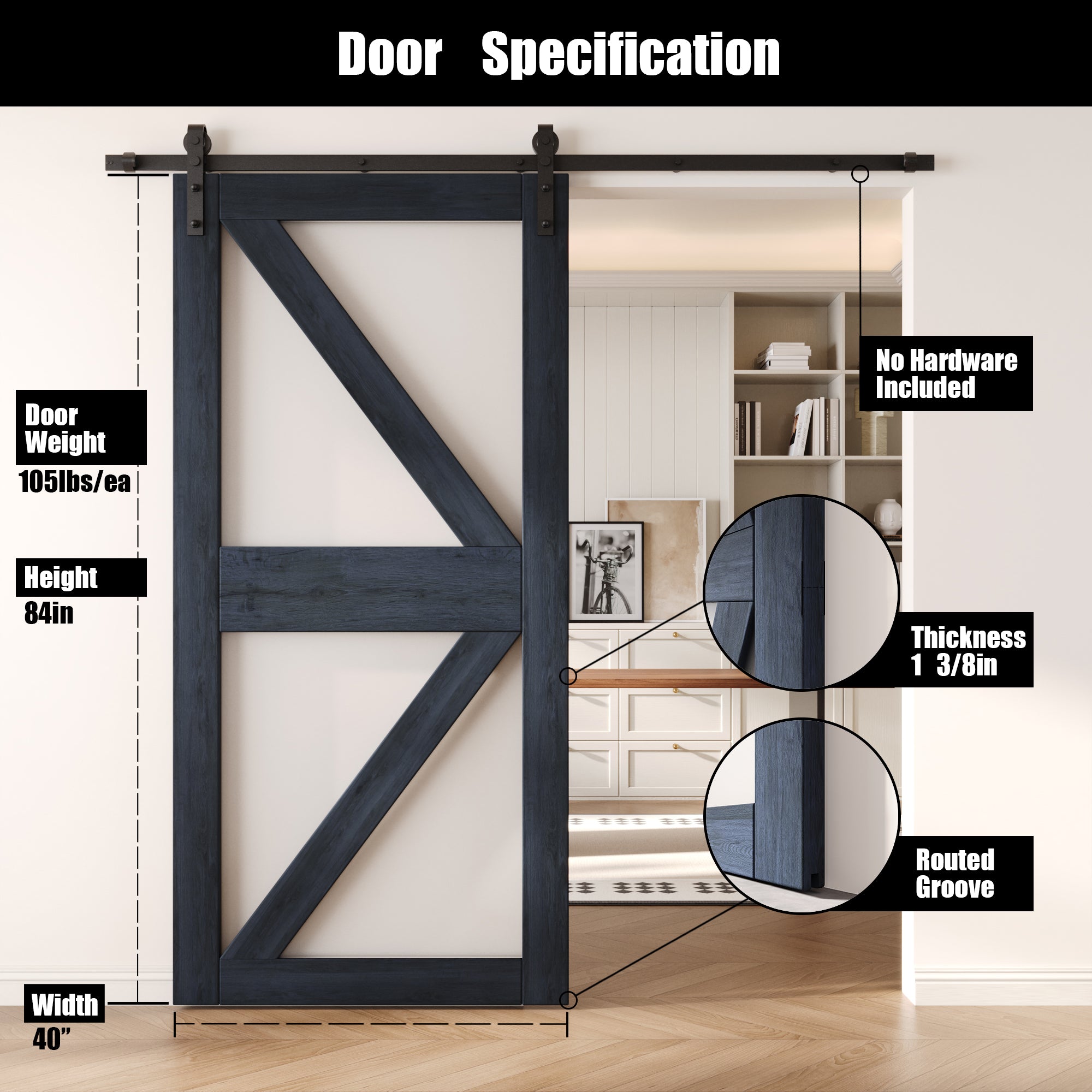 84" Height Navy Frosted Glass Arrow Design Unassembled & Finished Pine Wood Barn Door (Interior Use Only)
