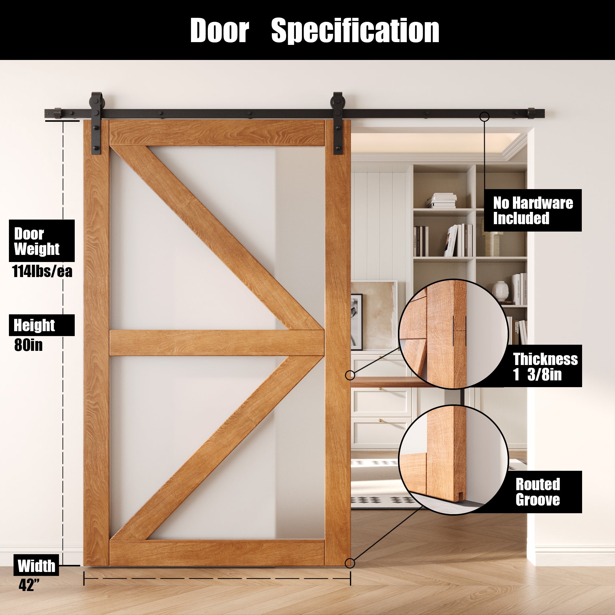 80" Height Early American Frosted Glass Arrow Design Unassembled & Finished Pine Wood Barn Door (Interior Use Only)